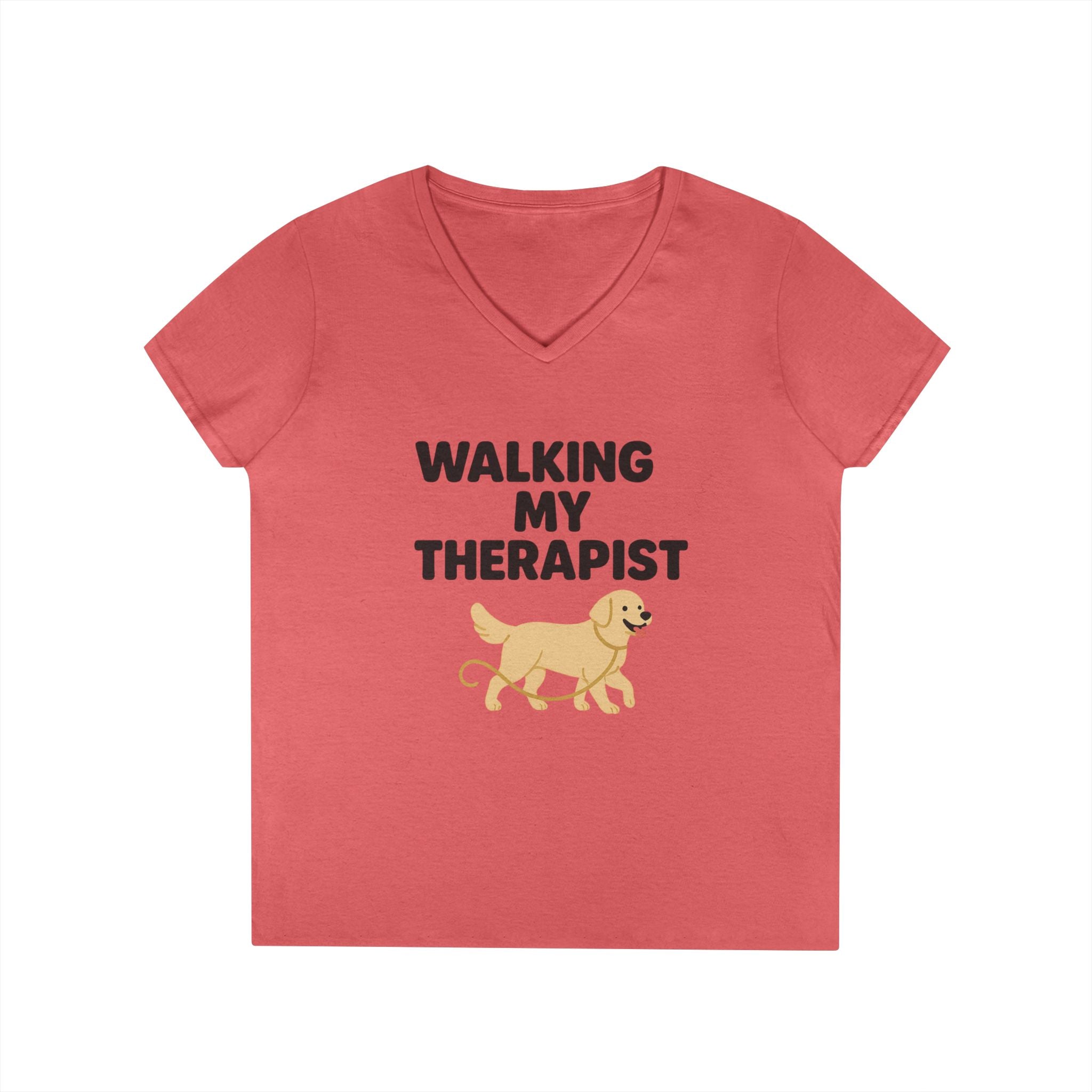 Dog Walking Therapy Ladies' V-Neck T-Shirt, Women's Graphic Tee, Pet Lover Gift, Animal Print Top, Casual Apparel