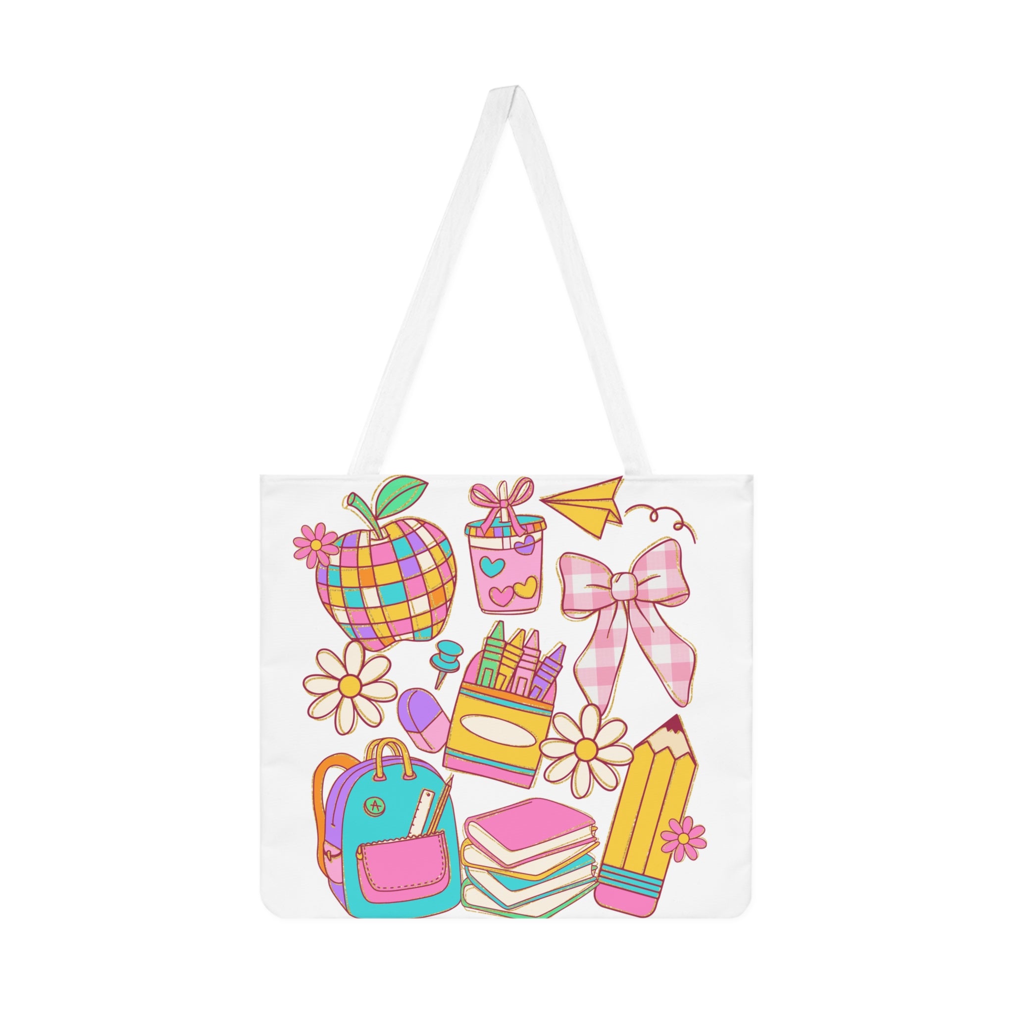 Colorful School Supplies Shoulder Tote Bag | Back to School, Shopping, Gym, Eco-Friendly, Beach Tote