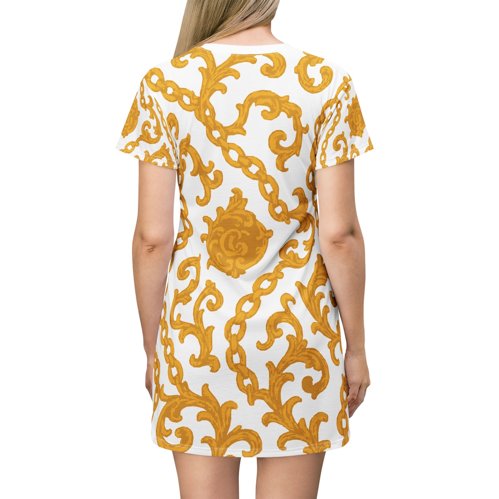 Chic Yellowish Gold Patterned T-Shirt Dress, Trendy Casual Wear, Summer Outfit, Stylish Gift, Everyday Fashion