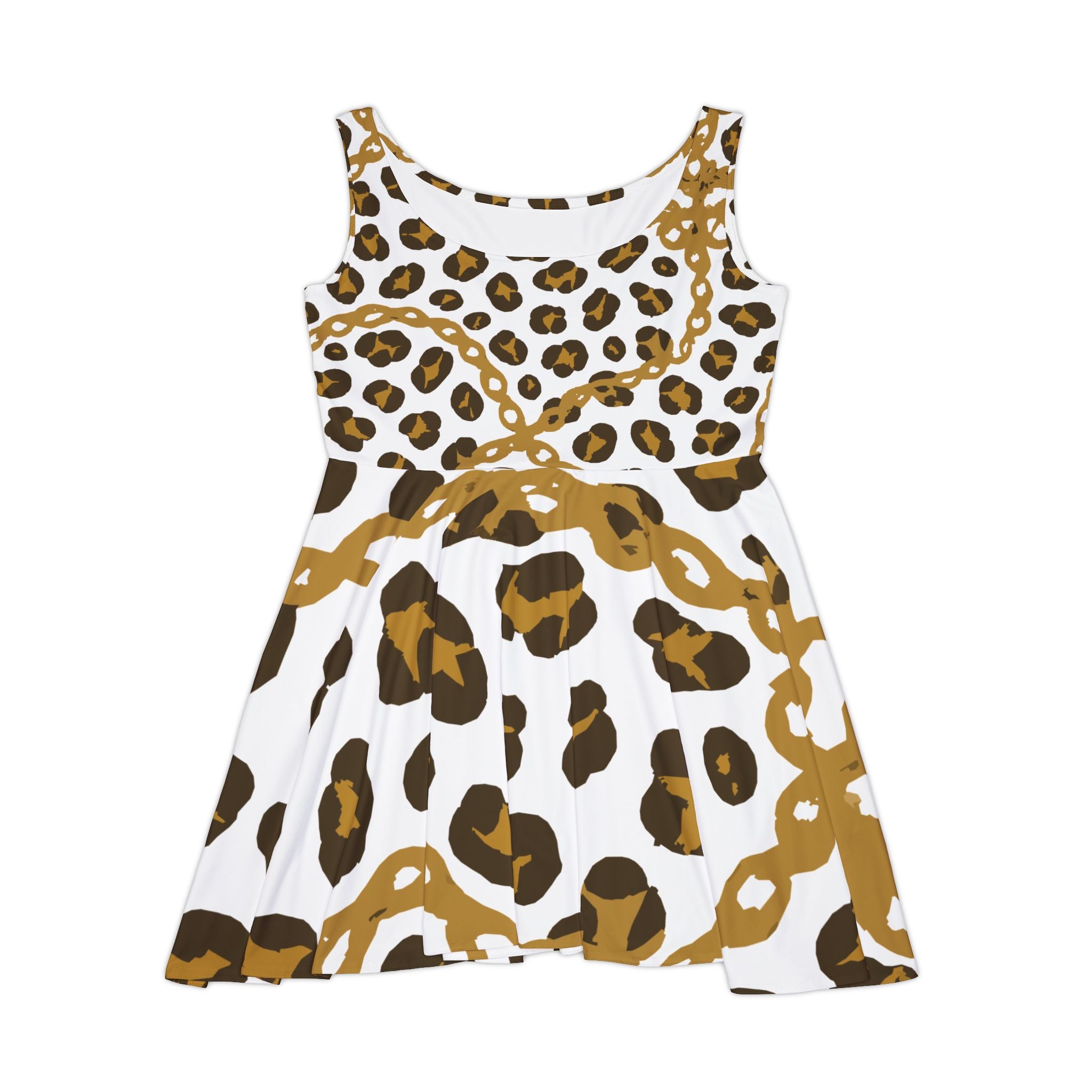 Leopard Print Skater Dress, Animal Print Gold Chain Women's Dress, Stylish Party Outfit, Trendy Sundress, Summer Fashion Dress