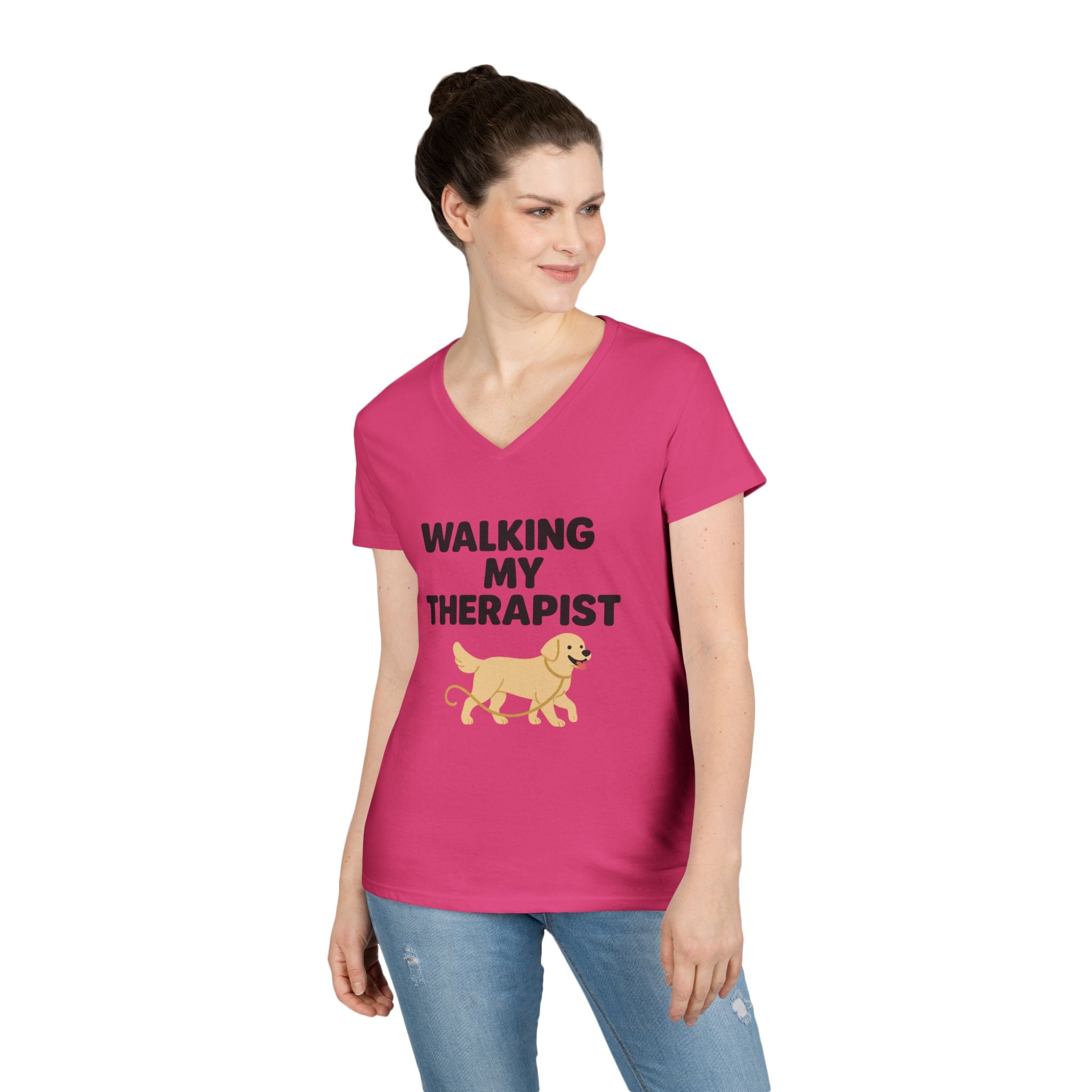 Dog Walking Therapy Ladies' V-Neck T-Shirt, Women's Graphic Tee, Pet Lover Gift, Animal Print Top, Casual Apparel