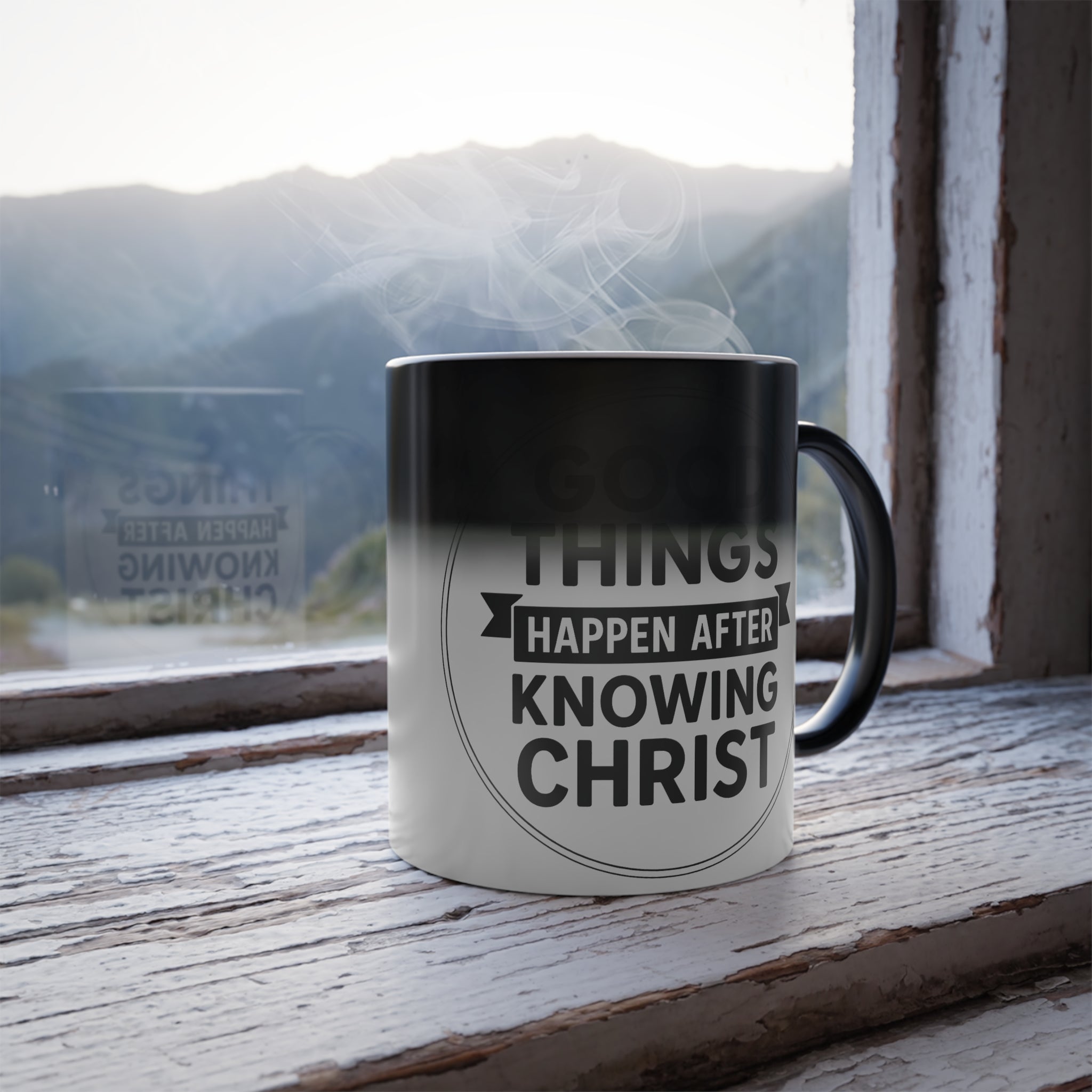 Color Changing Mug - Good Things Happen After Knowing Christ, Inspirational Coffee Cup, Religious Gift, Christian Mug, Magic Heat Sensitive
