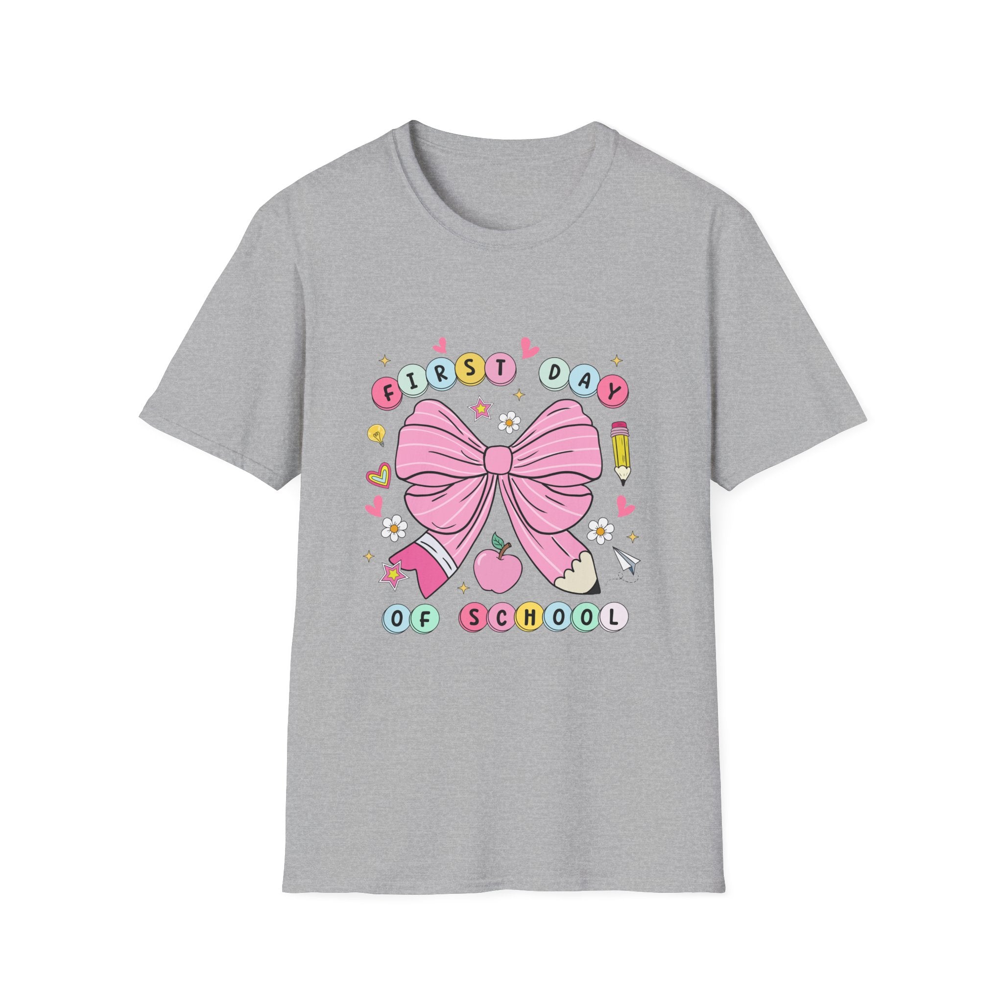 First Day of School Unisex T-Shirt - Cute Kids Tee, Back-to-School Shirt, Gift for Students, Colorful Bow Design, Fun School Apparel