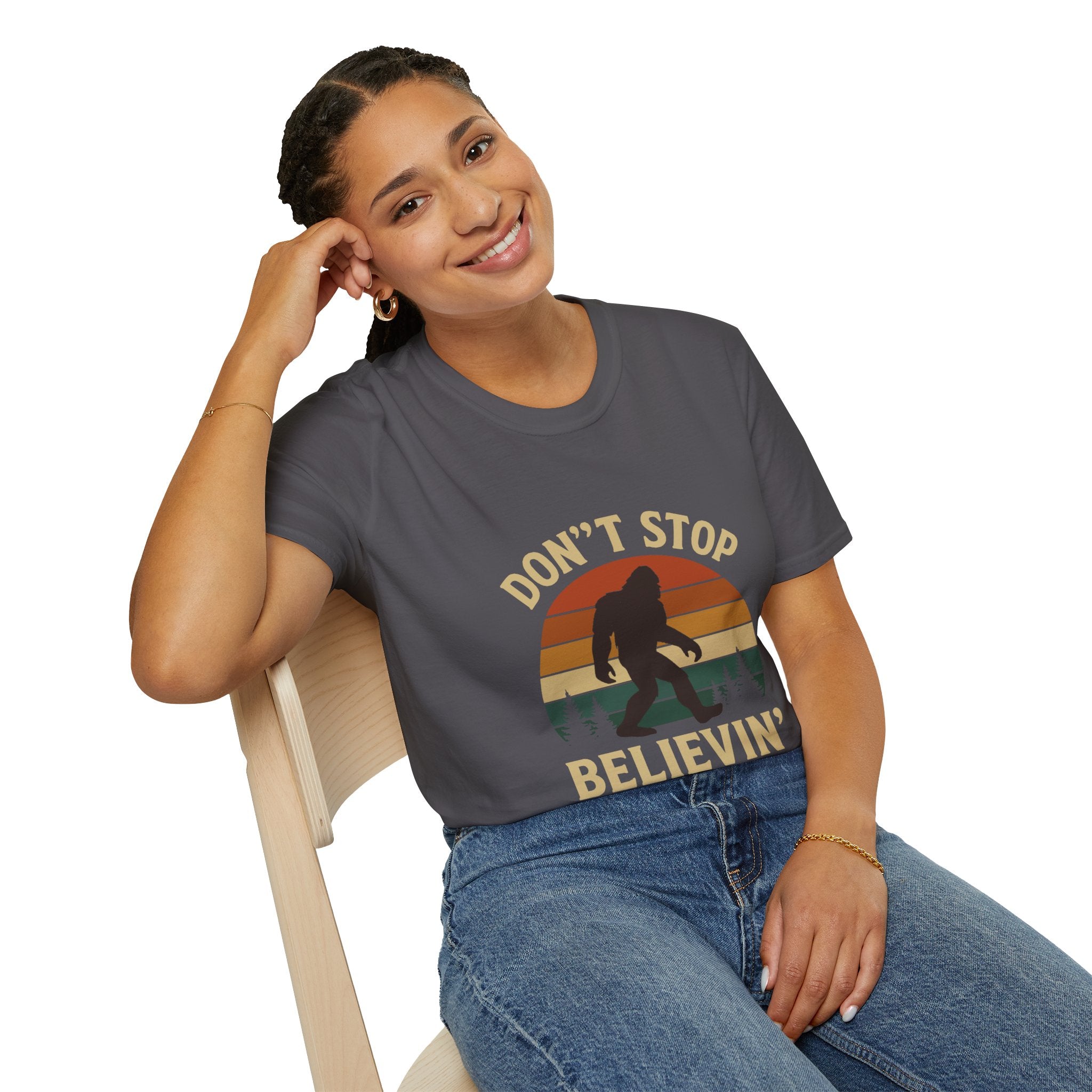 Don't Stop Believin' Unisex Softstyle T-Shirt, Inspirational Tee, Music Lover Gift, Motivational Shirt, Retro Graphic Top