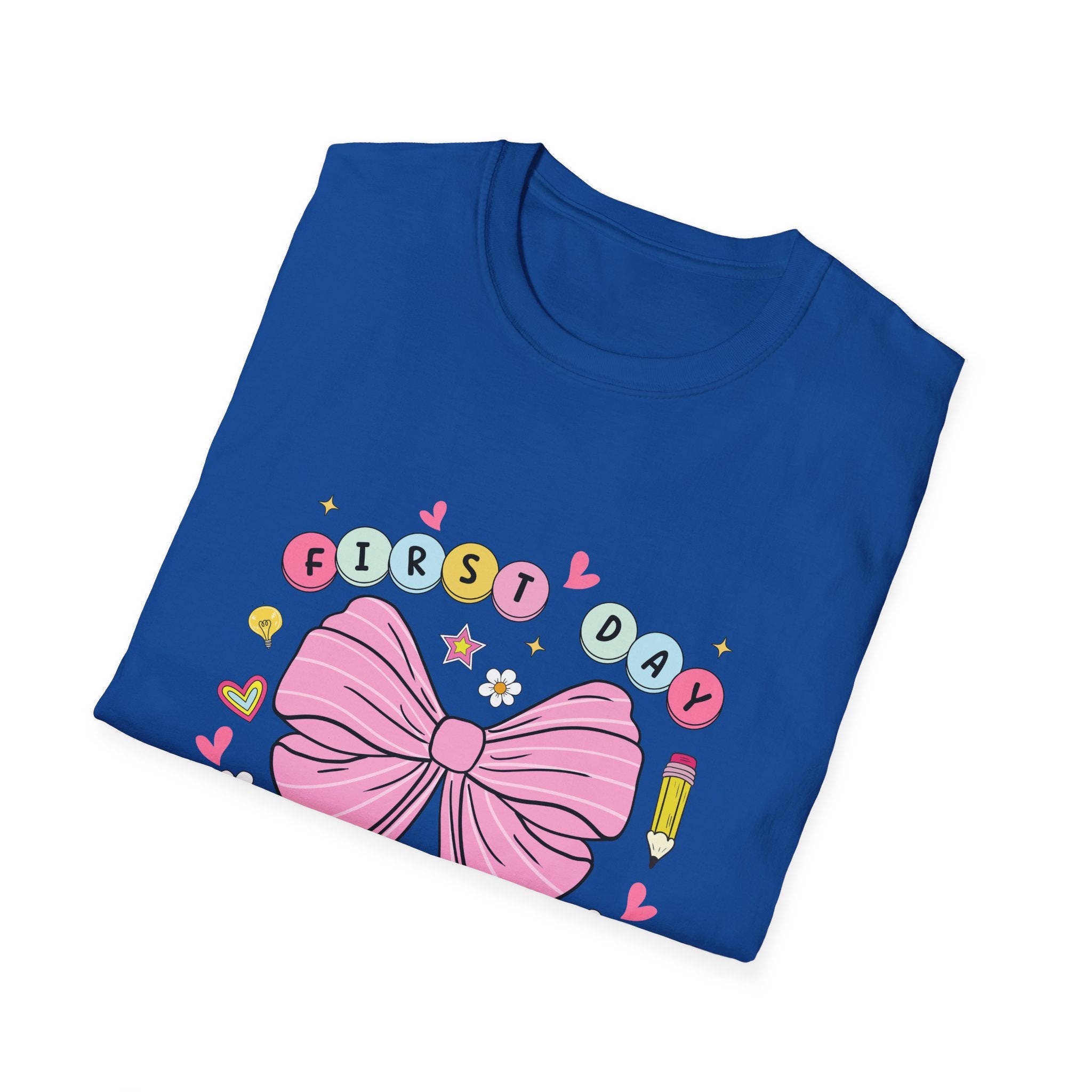 First Day of School Unisex T-Shirt - Cute Kids Tee, Back-to-School Shirt, Gift for Students, Colorful Bow Design, Fun School Apparel