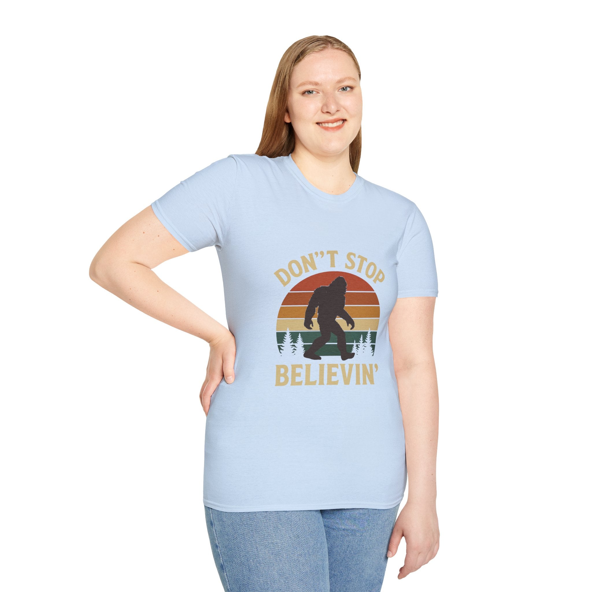 Don't Stop Believin' Unisex Softstyle T-Shirt, Inspirational Tee, Music Lover Gift, Motivational Shirt, Retro Graphic Top