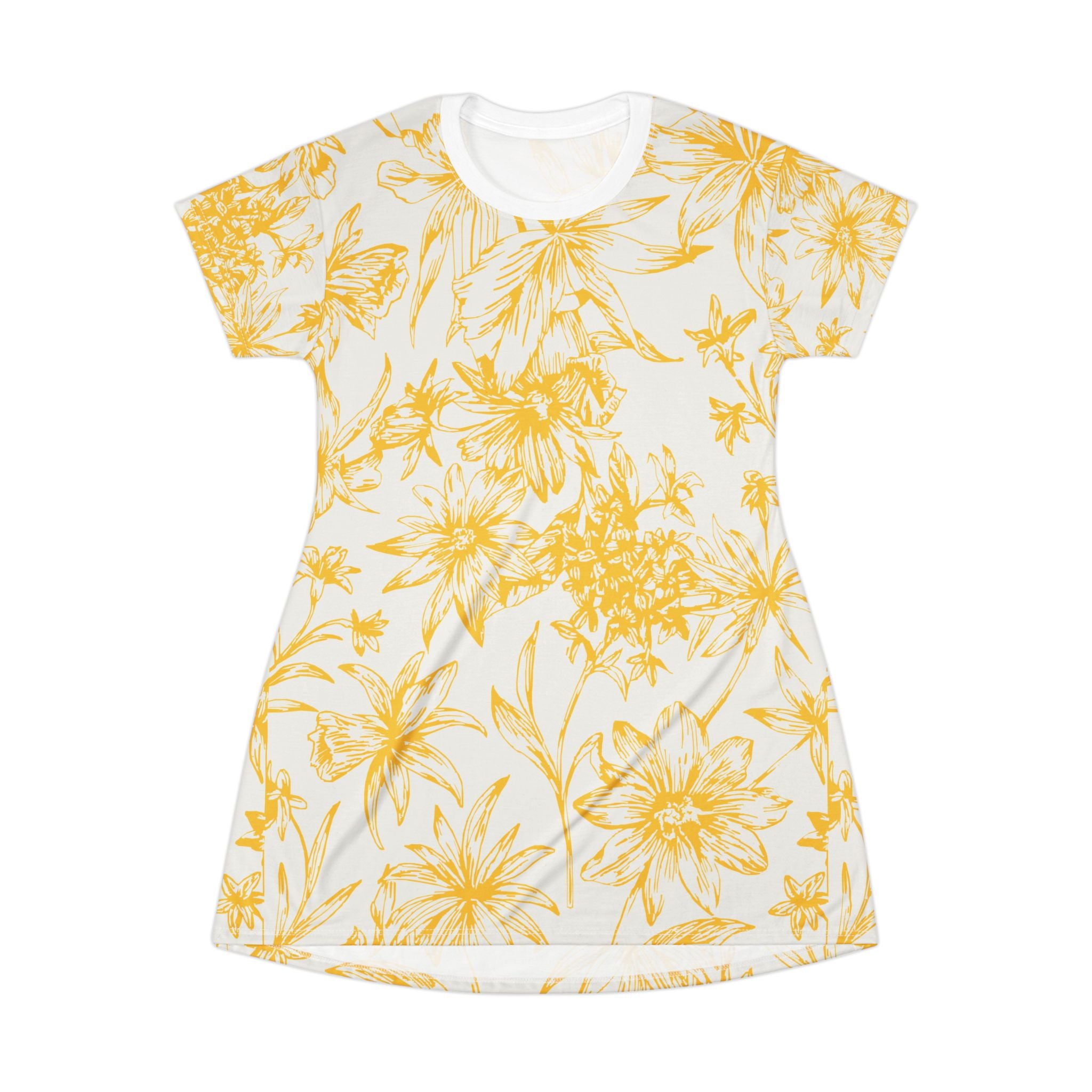 Yellow Floral AOP T-Shirt Dress, Casual Summer Dress, Boho Dress, Gift for Her, Beach Outfit, Vacation Wear