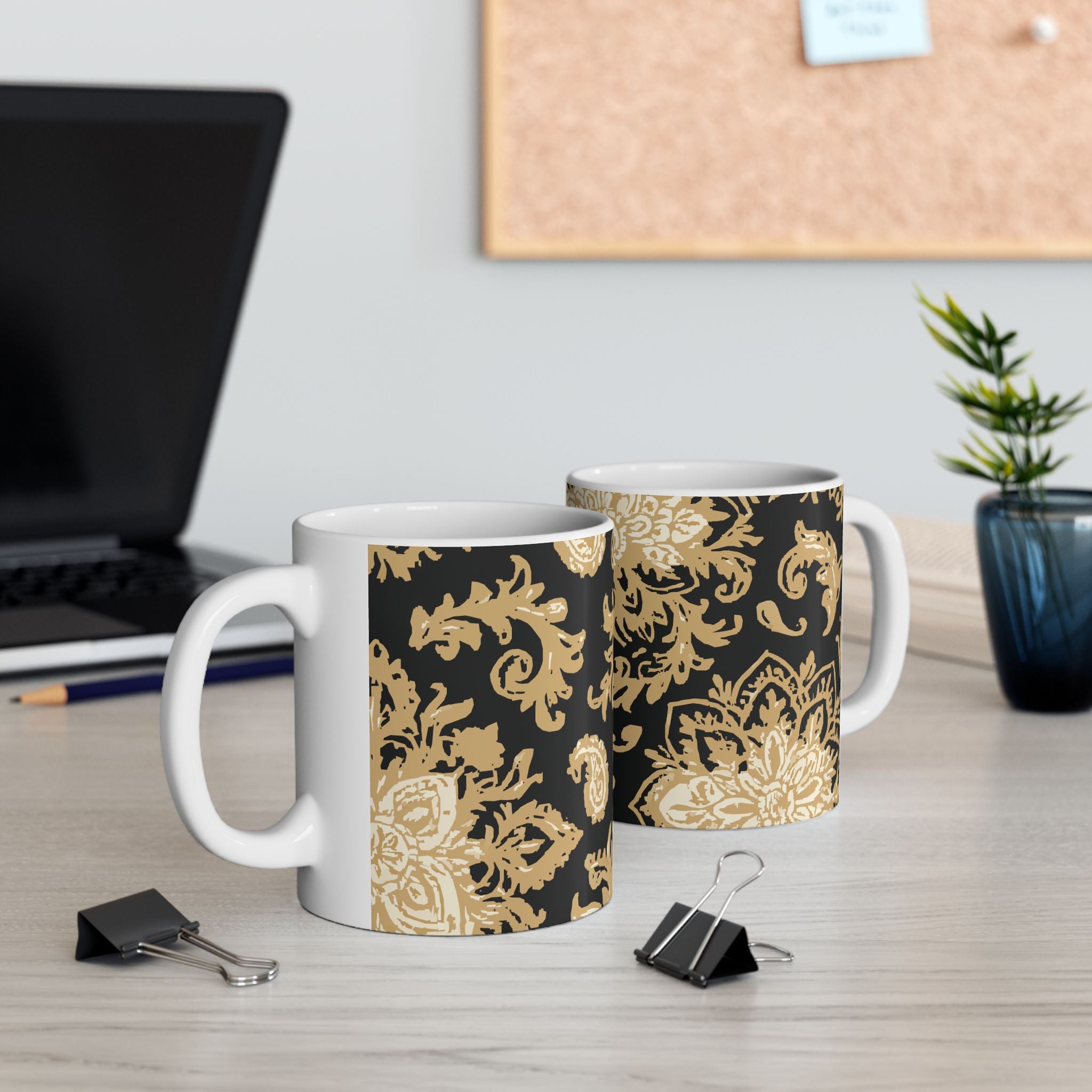 Elegant Black & Gold Floral Ceramic Mug - Perfect for Coffee, Tea, Gift, Home, Office Use, 11oz, 15oz