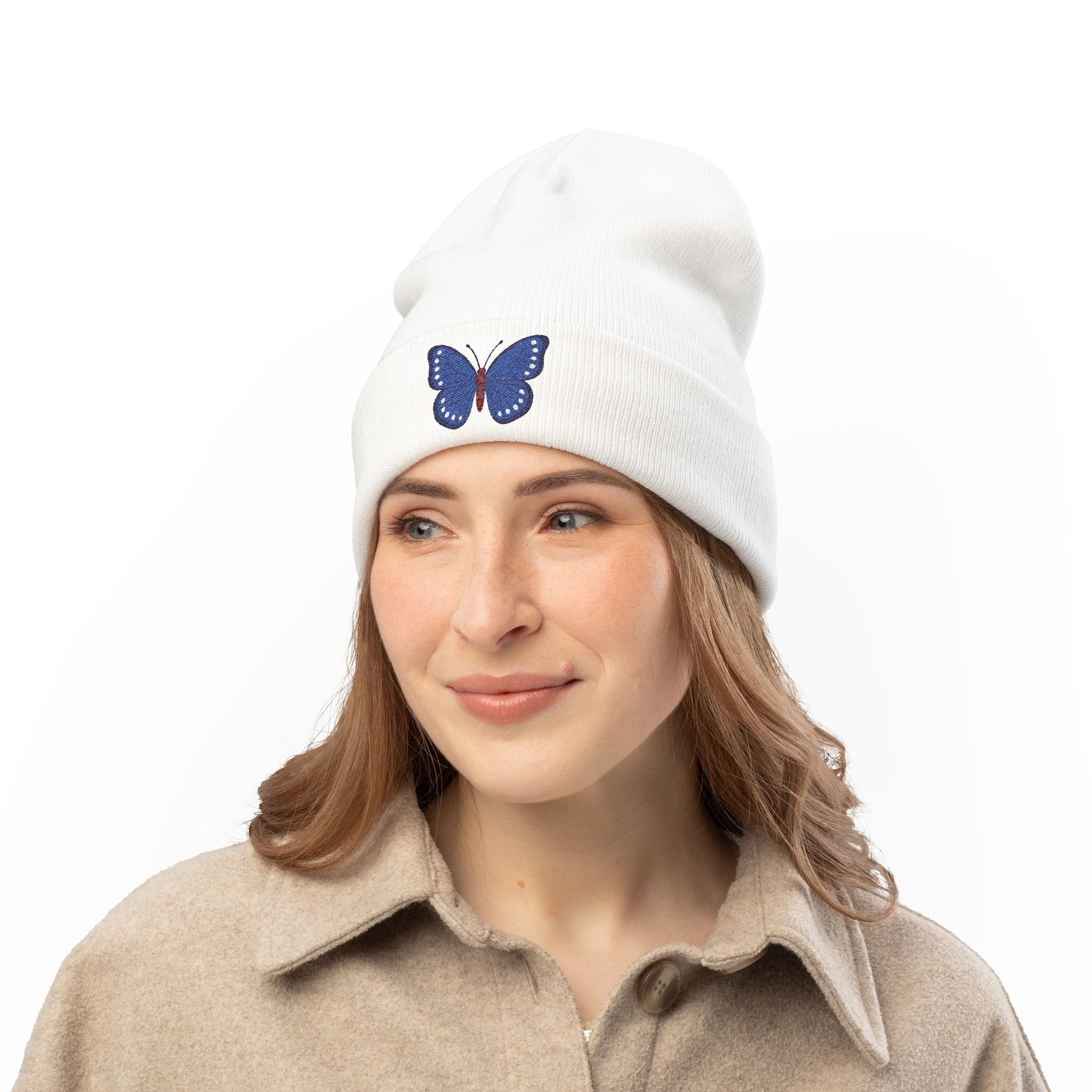 Butterfly Embroidered Knit Beanie, Cozy Winter Hat, Gift for Her, Outdoor Accessories, Fashion Beanie, Unique Headwear