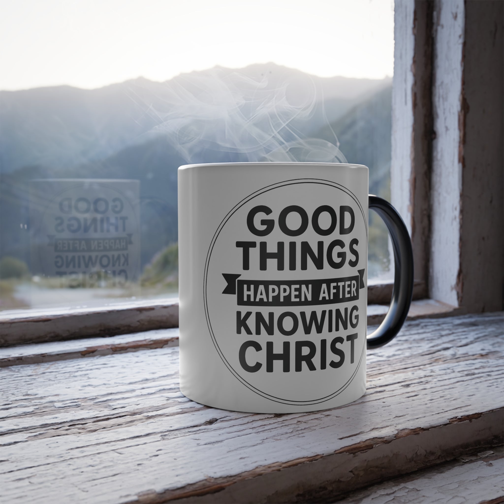 Color Changing Mug - Good Things Happen After Knowing Christ, Inspirational Coffee Cup, Religious Gift, Christian Mug, Magic Heat Sensitive