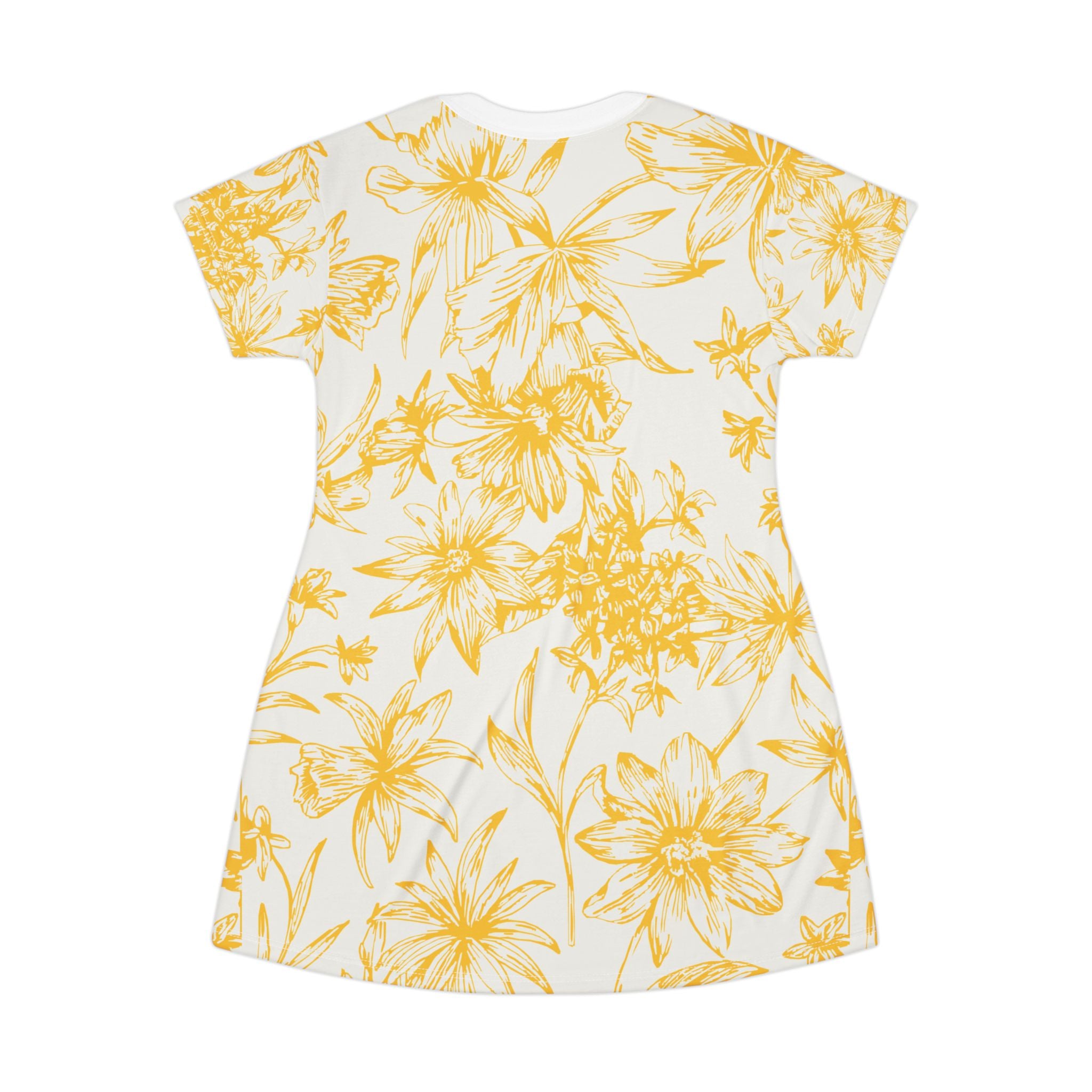 Yellow Floral AOP T-Shirt Dress, Casual Summer Dress, Boho Dress, Gift for Her, Beach Outfit, Vacation Wear