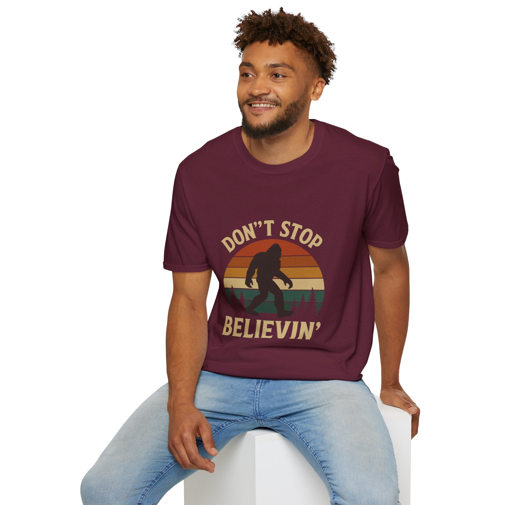 Don't Stop Believin' Unisex Softstyle T-Shirt, Inspirational Tee, Music Lover Gift, Motivational Shirt, Retro Graphic Top