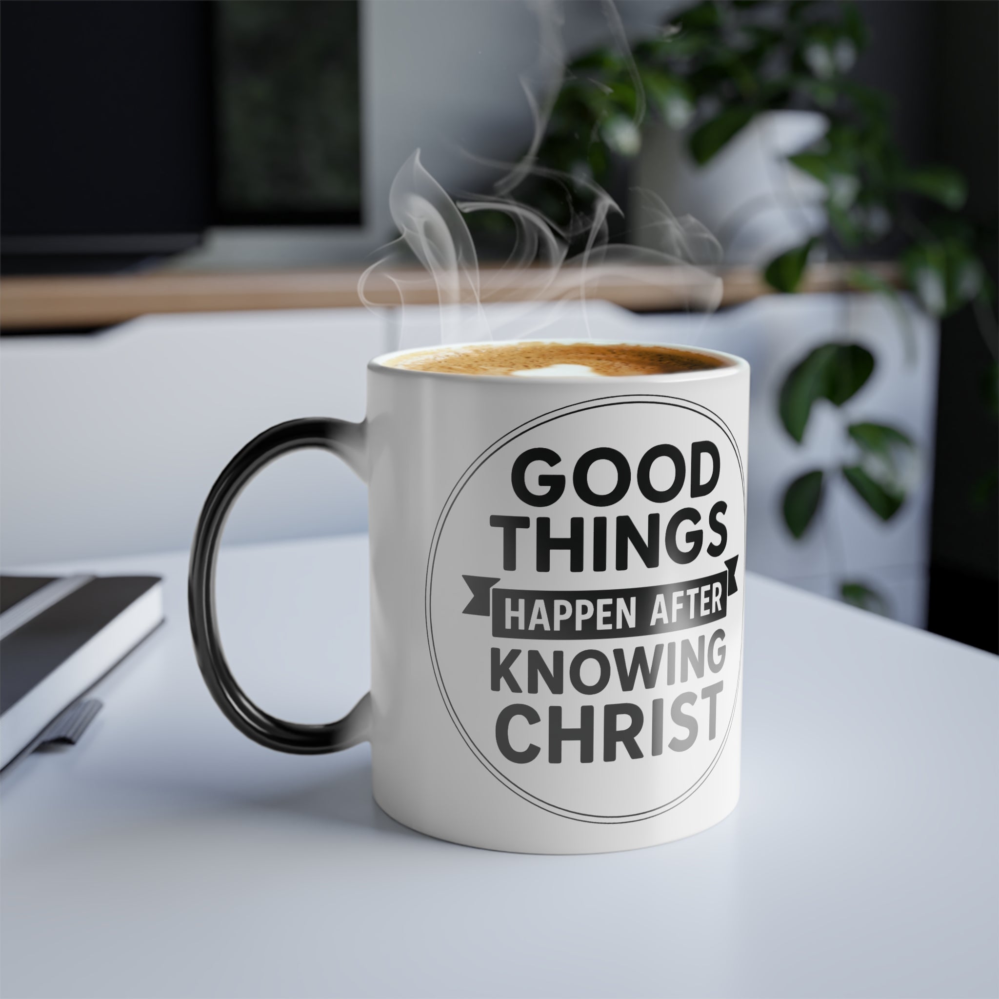 Color Changing Mug - Good Things Happen After Knowing Christ, Inspirational Coffee Cup, Religious Gift, Christian Mug, Magic Heat Sensitive