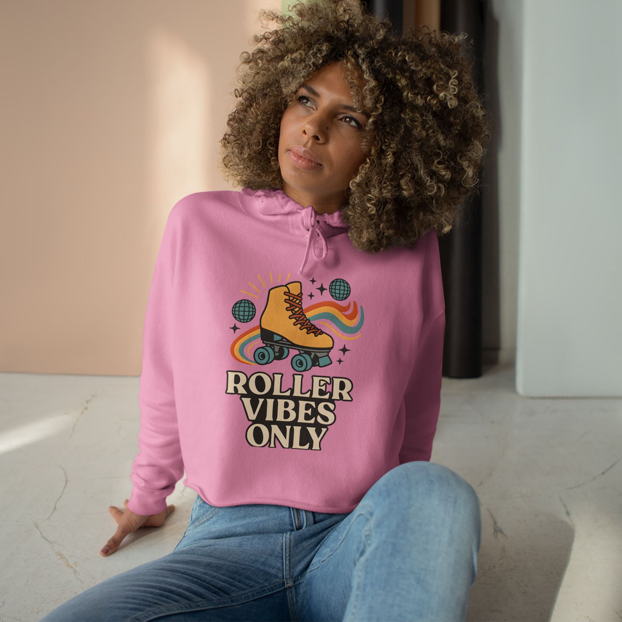 Roller Vibes Crop Hoodie, Retro Skatewear, Gifts for Skaters, Cozy Casual Top, Roller Rink Fashion, 80s Vibe Apparel