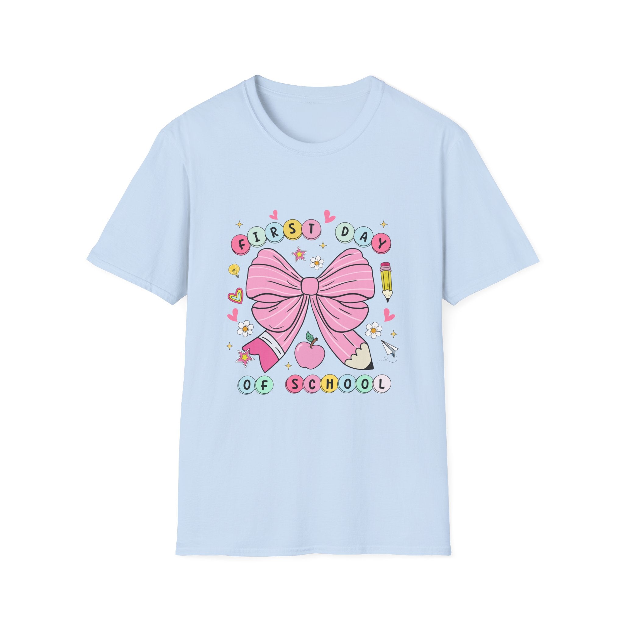 First Day of School Unisex T-Shirt - Cute Kids Tee, Back-to-School Shirt, Gift for Students, Colorful Bow Design, Fun School Apparel