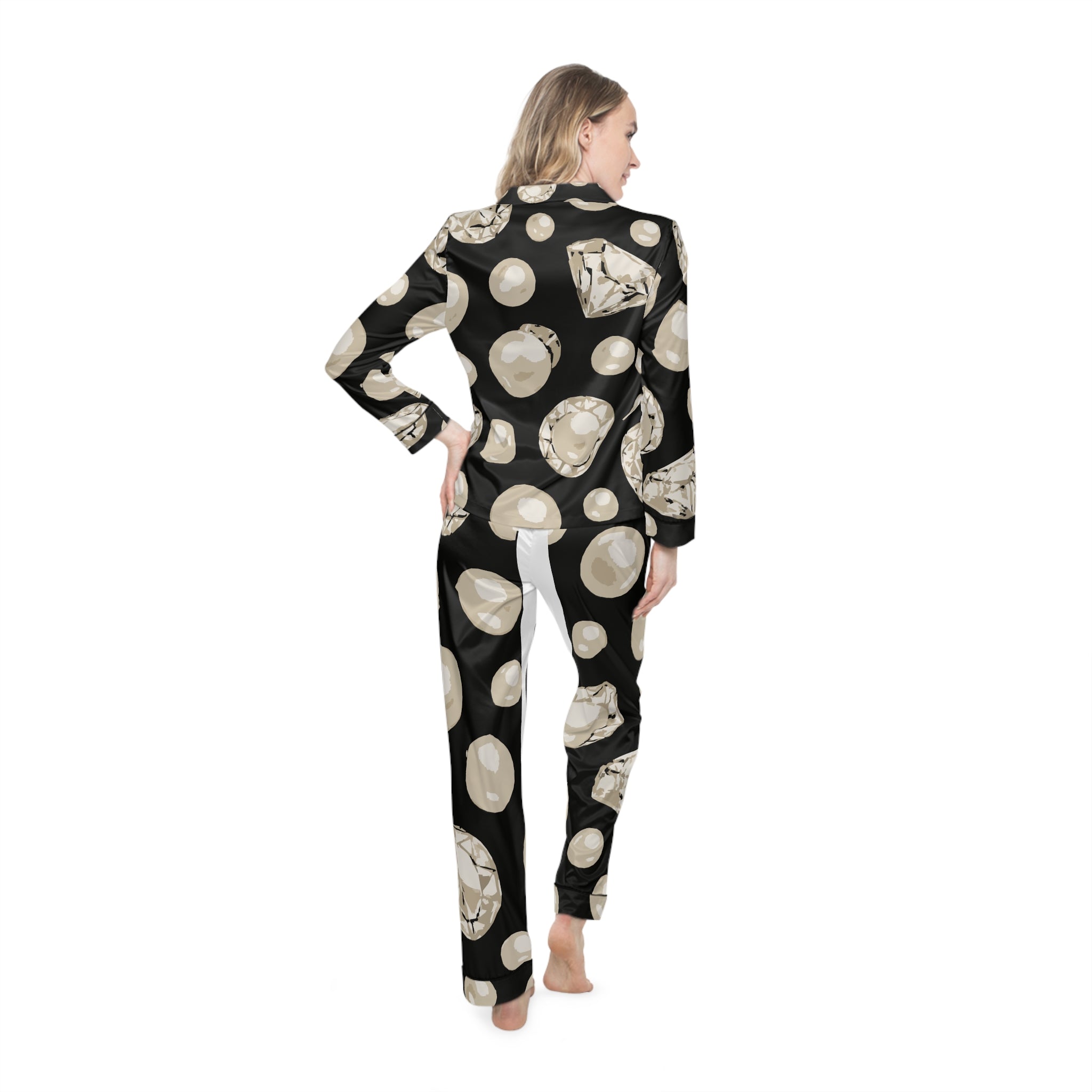 Luxurious Diamond Print Satin Pajamas, Women's Sleepwear, Elegant Loungewear, Cozy Gift for Her, Stylish Pajama Set