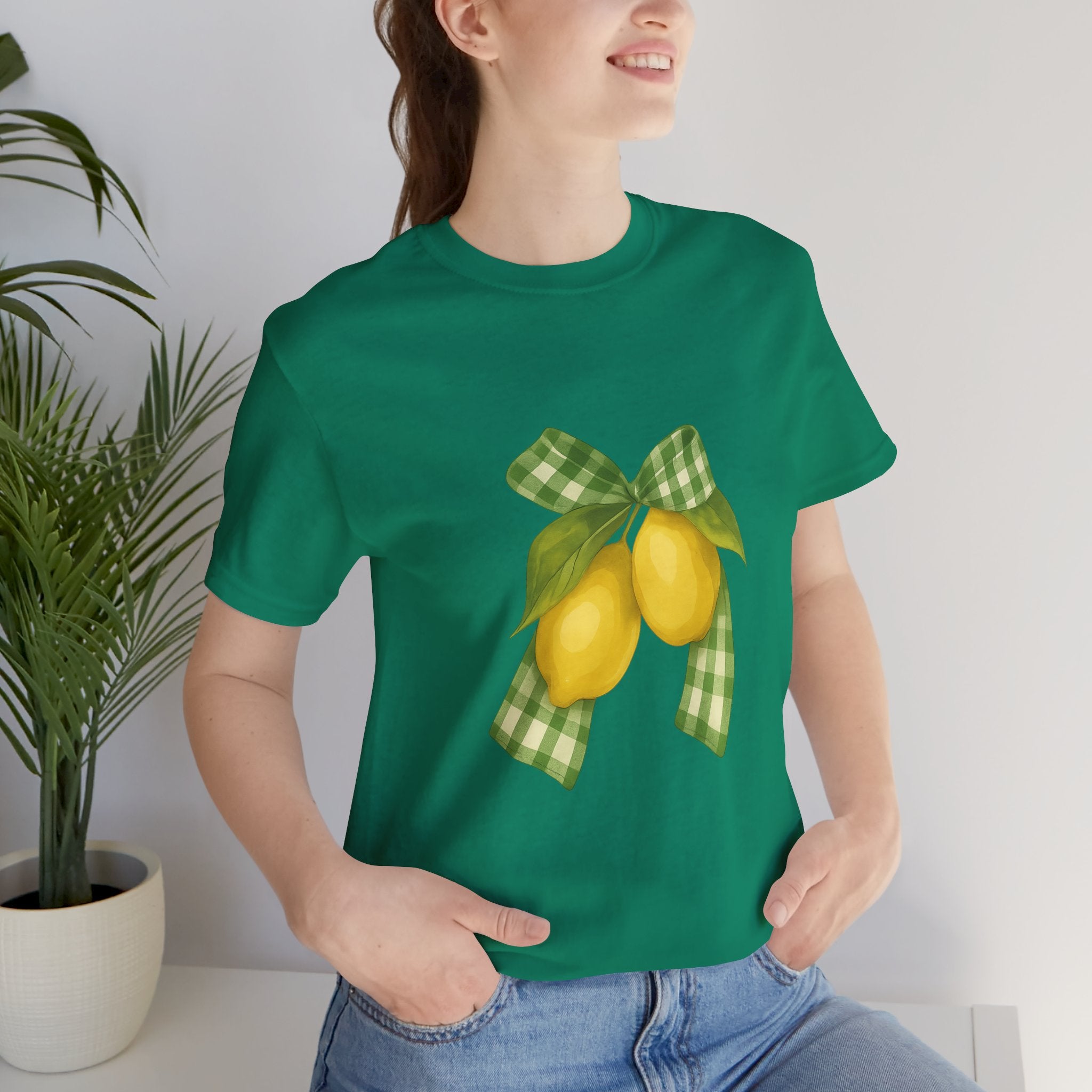 Lemon Bow Tee, Unisex Short Sleeve Shirt, Cute Summer Shirt, Gift for Her, Vintage Style Tee, Lemonade Stand Inspiration