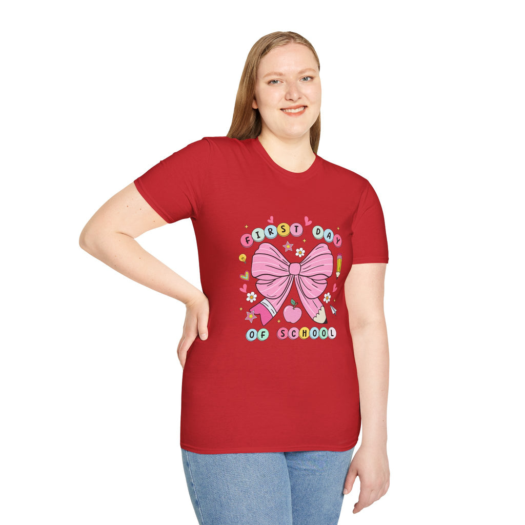 First Day of School Unisex T-Shirt - Cute Kids Tee, Back-to-School Shirt, Gift for Students, Colorful Bow Design, Fun School Apparel