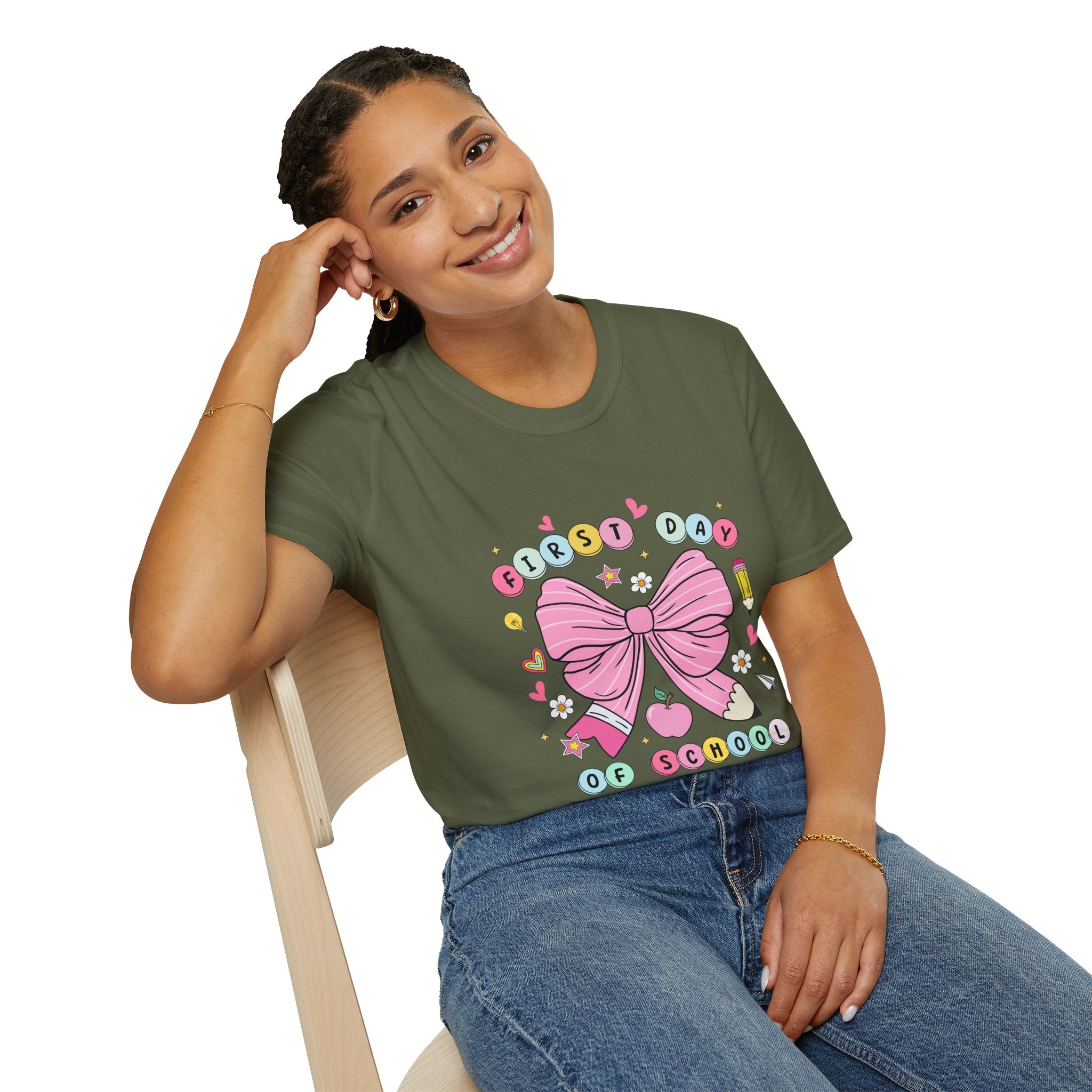 First Day of School Unisex T-Shirt - Cute Kids Tee, Back-to-School Shirt, Gift for Students, Colorful Bow Design, Fun School Apparel