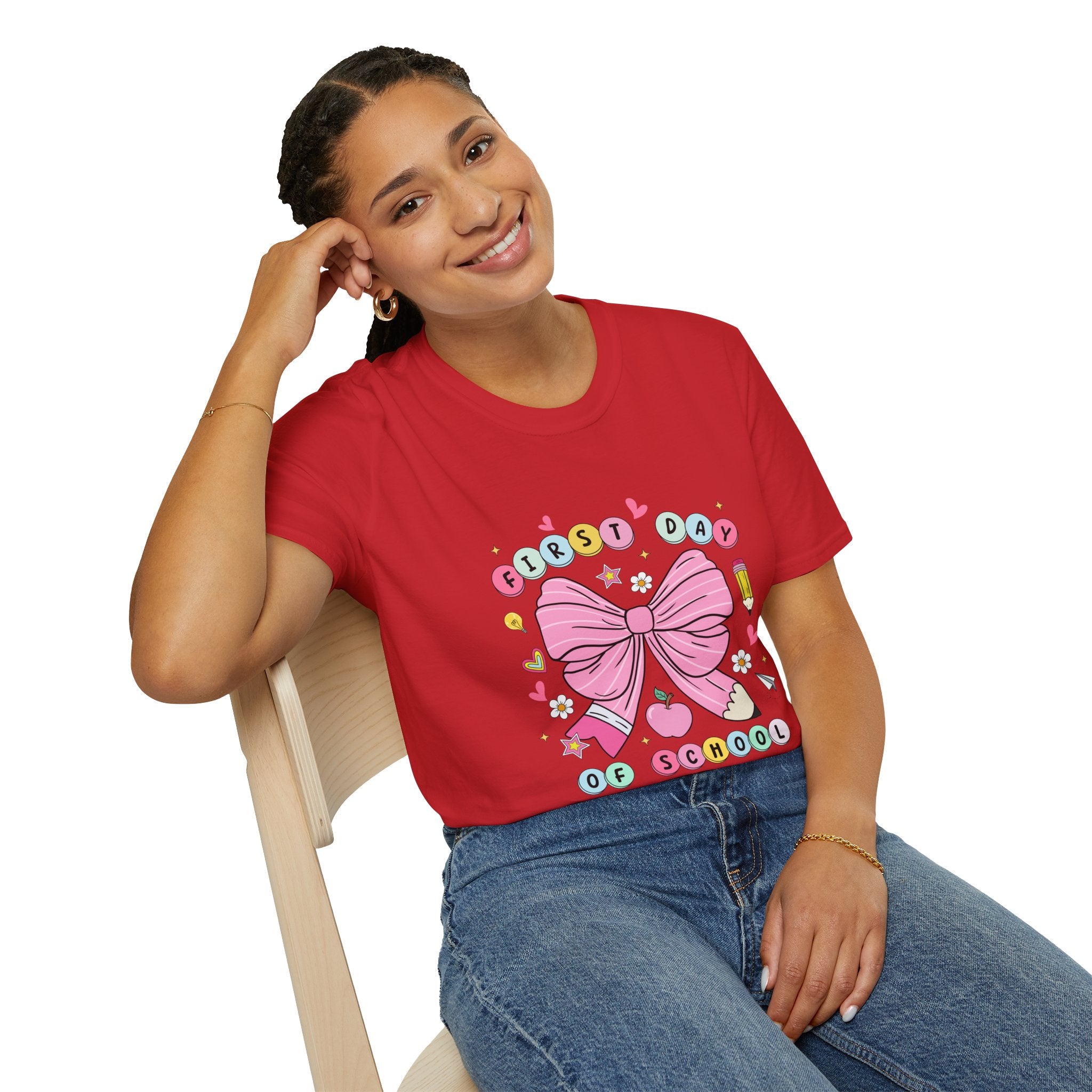 First Day of School Unisex T-Shirt - Cute Kids Tee, Back-to-School Shirt, Gift for Students, Colorful Bow Design, Fun School Apparel