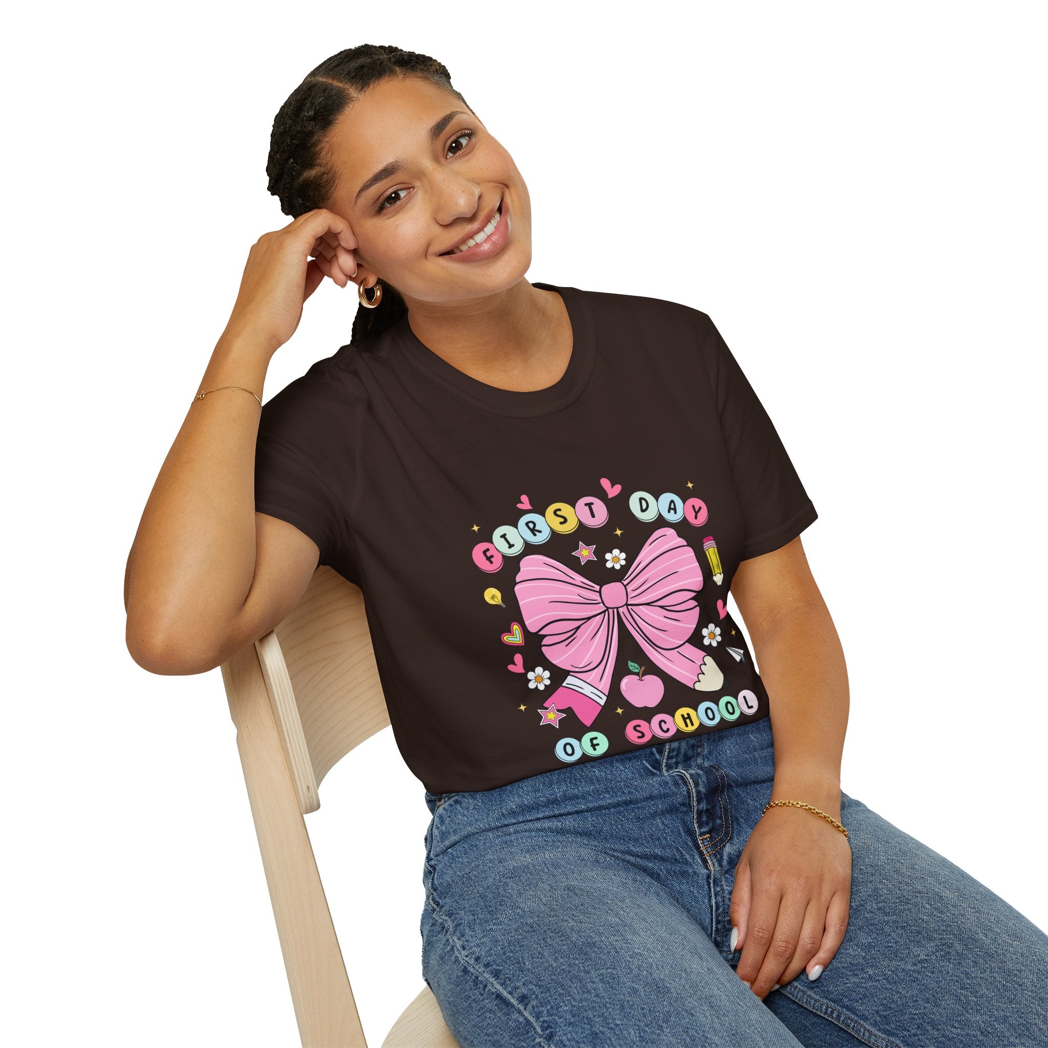 First Day of School Unisex T-Shirt - Cute Kids Tee, Back-to-School Shirt, Gift for Students, Colorful Bow Design, Fun School Apparel