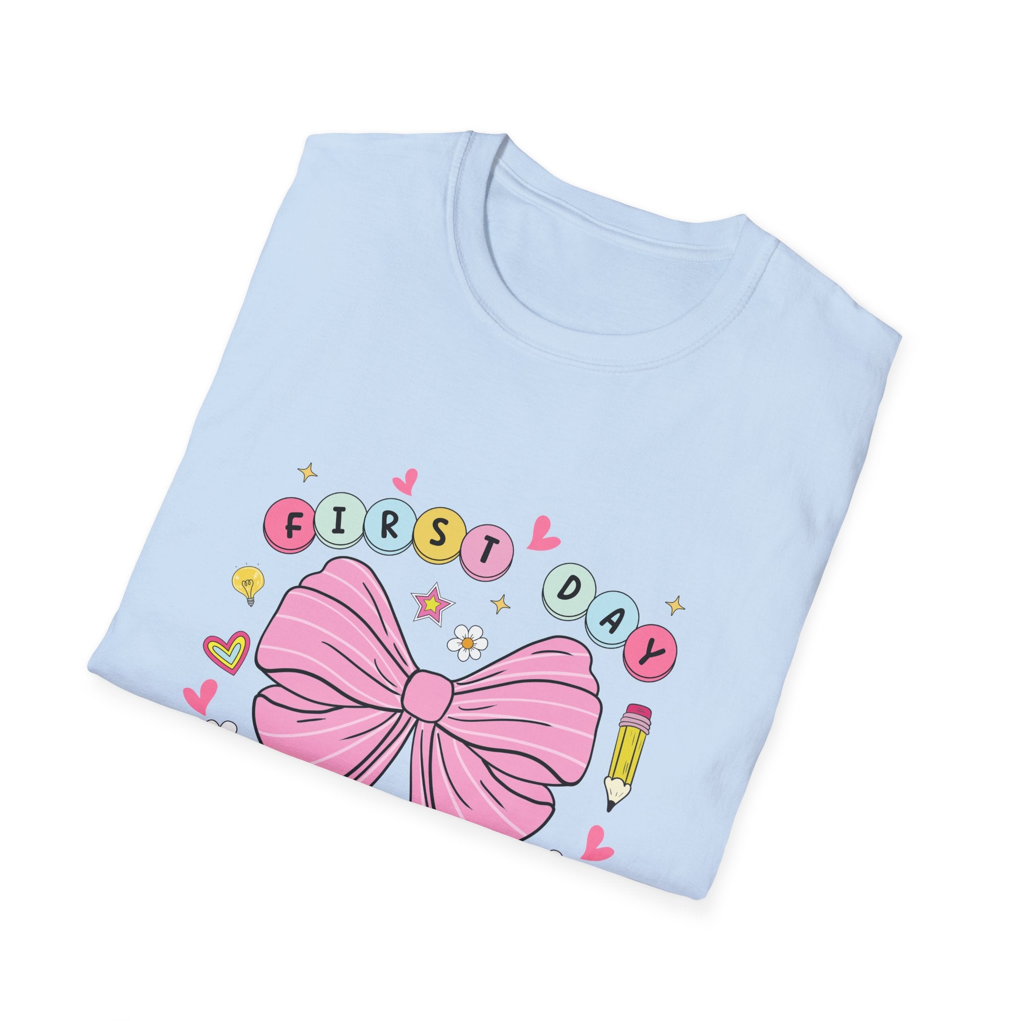 First Day of School Unisex T-Shirt - Cute Kids Tee, Back-to-School Shirt, Gift for Students, Colorful Bow Design, Fun School Apparel