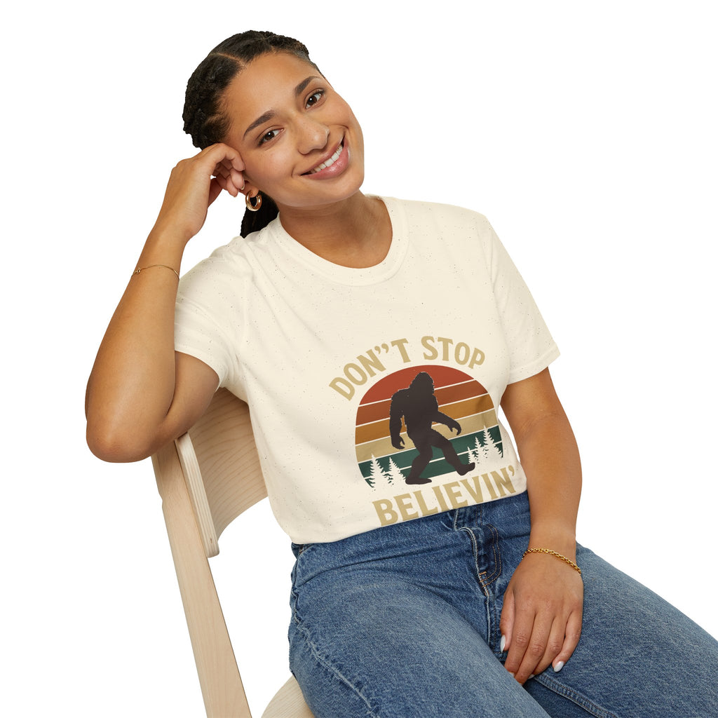 Don't Stop Believin' Unisex Softstyle T-Shirt, Inspirational Tee, Music Lover Gift, Motivational Shirt, Retro Graphic Top