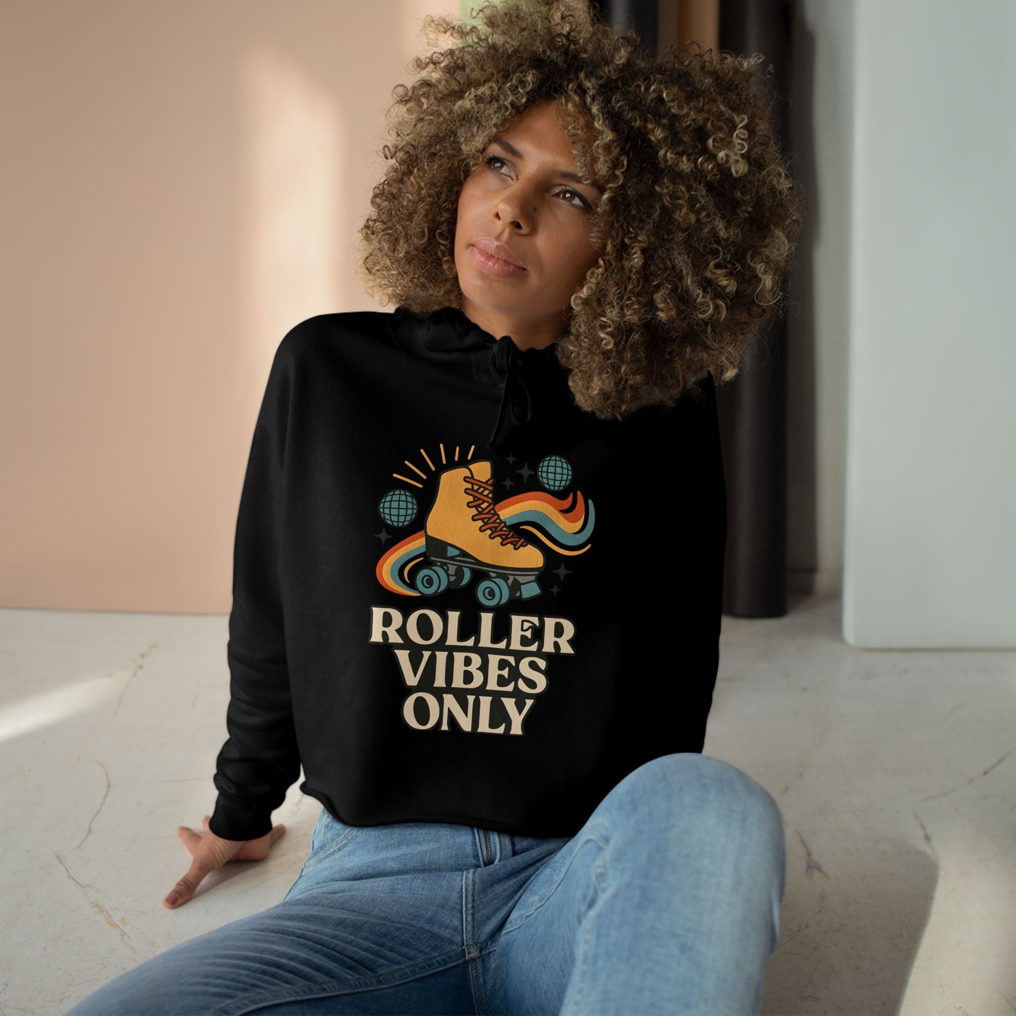 Roller Vibes Crop Hoodie, Retro Skatewear, Gifts for Skaters, Cozy Casual Top, Roller Rink Fashion, 80s Vibe Apparel