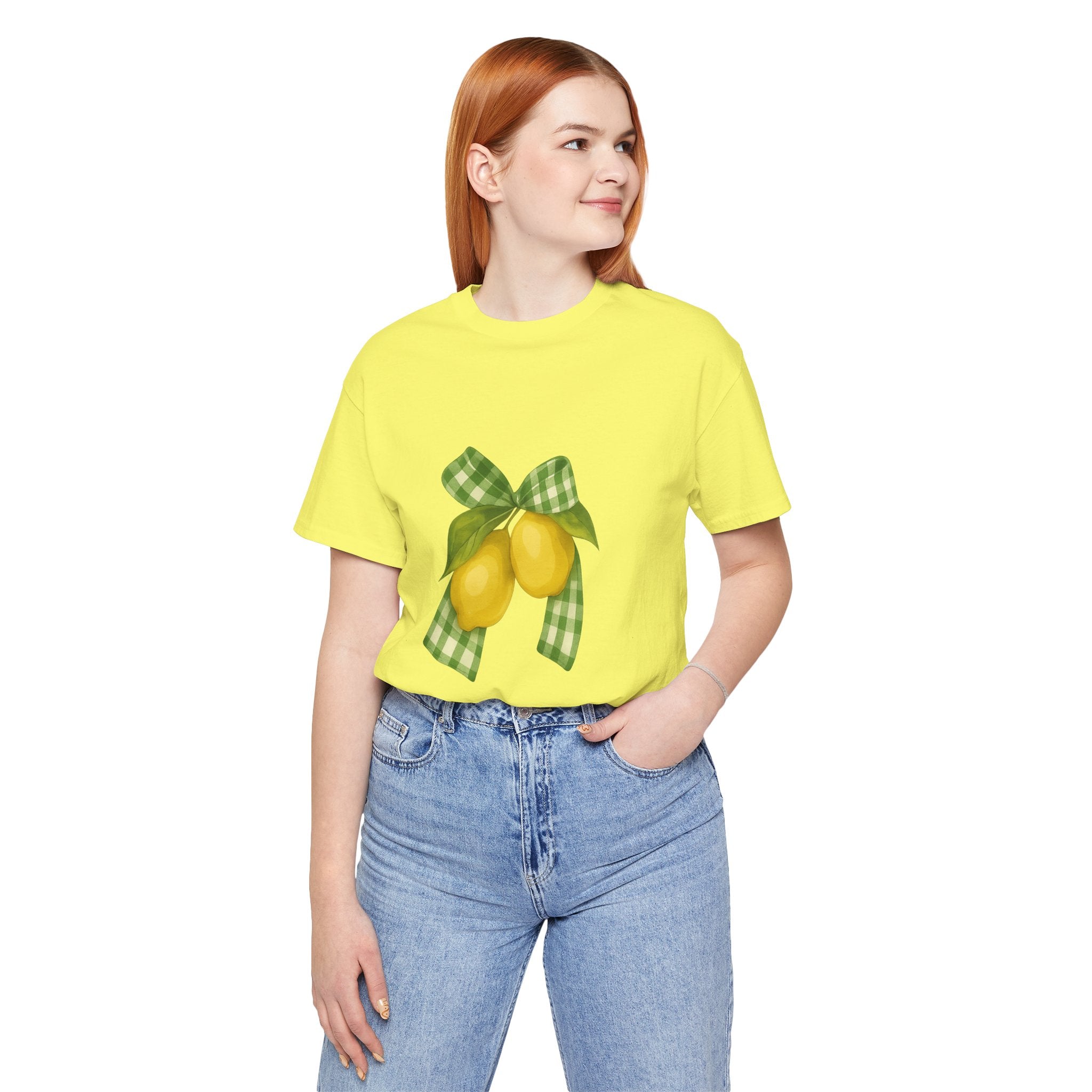 Lemon Bow Tee, Unisex Short Sleeve Shirt, Cute Summer Shirt, Gift for Her, Vintage Style Tee, Lemonade Stand Inspiration