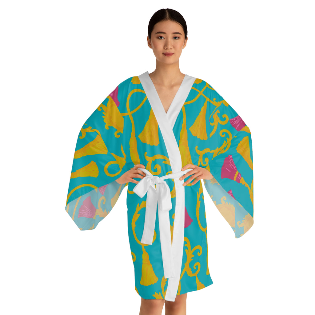 Vibrant Tassel Print Long Sleeve Kimono Robe, Relaxed Lounge Wear, Gift for Her, Beach Cover-Up, Cozy Homewear, Mother's Day, Spa Day