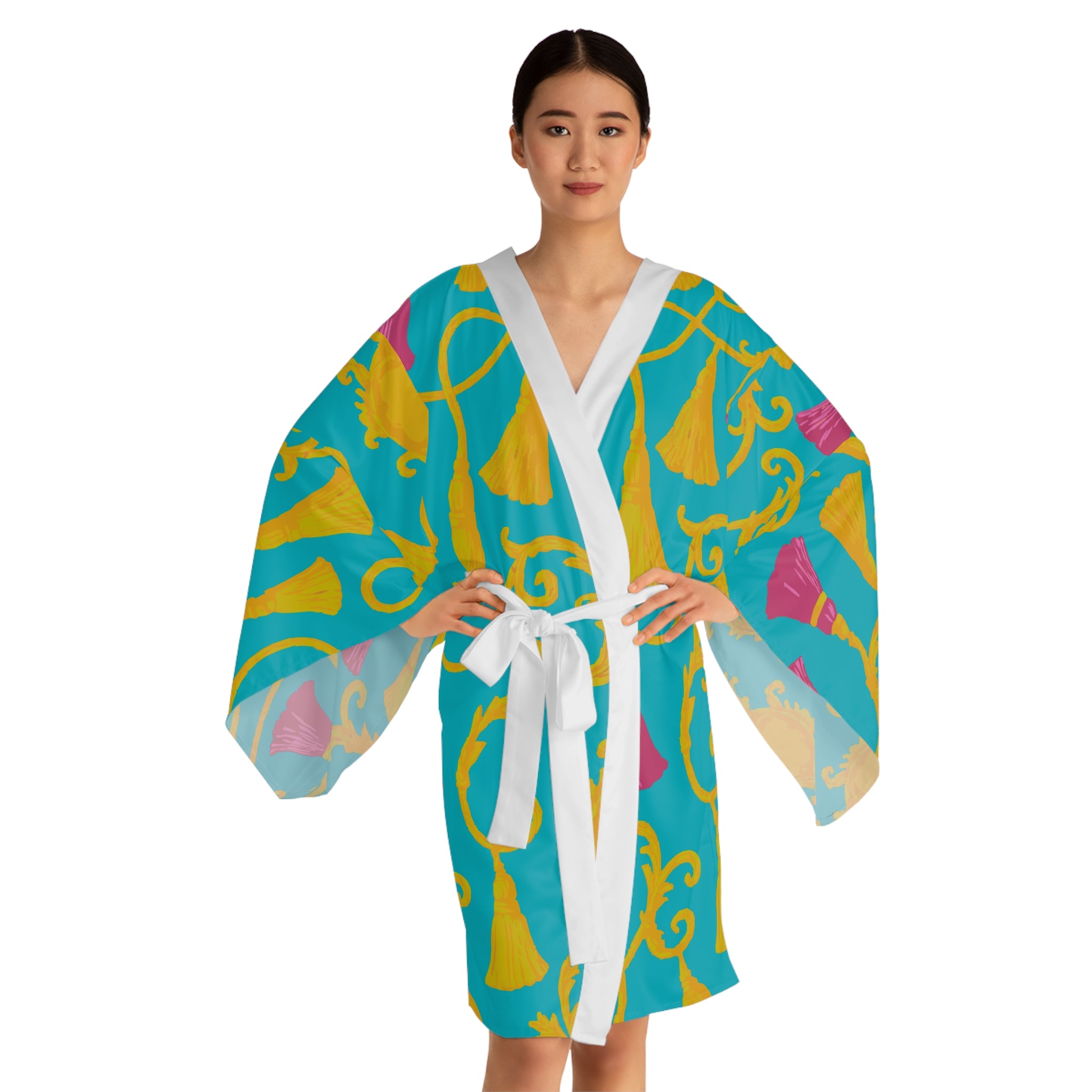 Vibrant Tassel Print Long Sleeve Kimono Robe, Relaxed Lounge Wear, Gift for Her, Beach Cover-Up, Cozy Homewear, Mother's Day, Spa Day