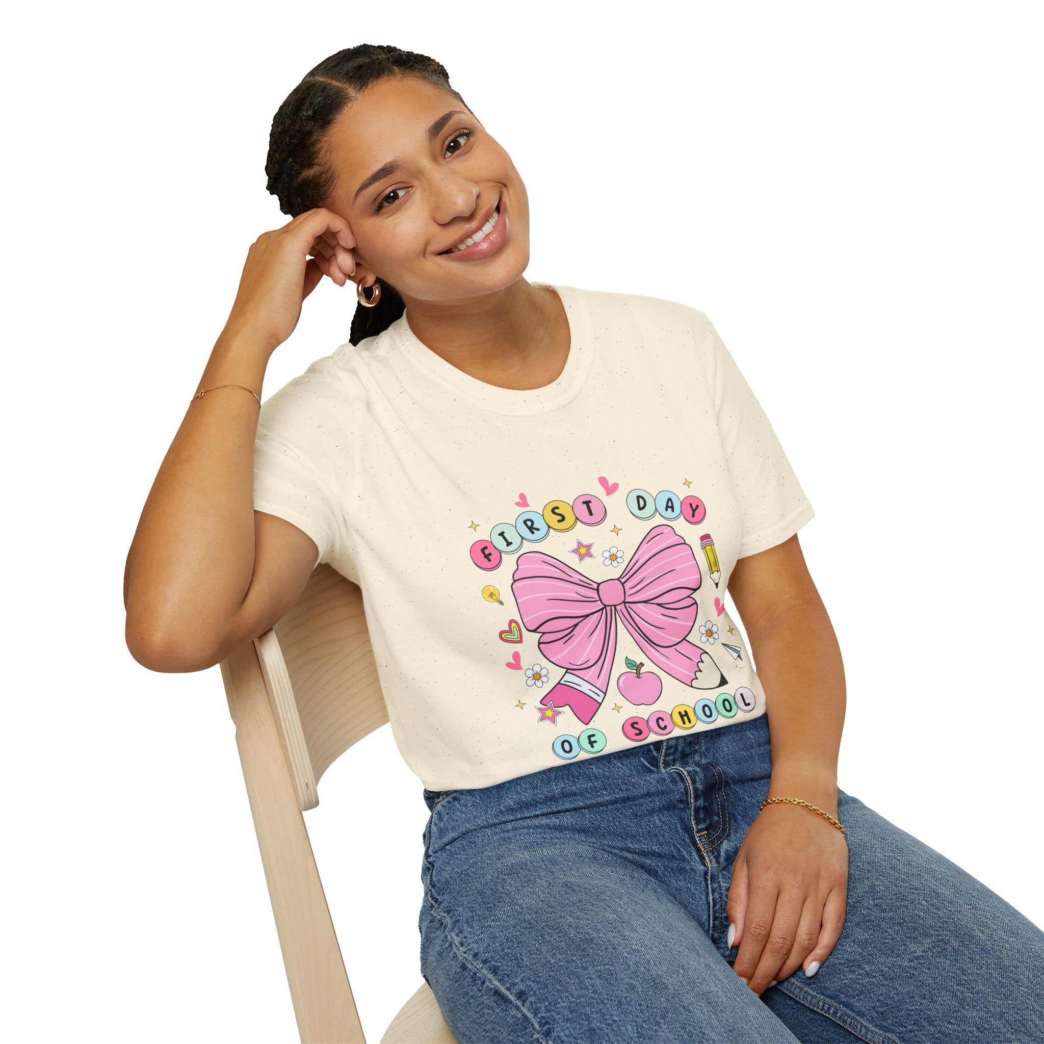 First Day of School Unisex T-Shirt - Cute Kids Tee, Back-to-School Shirt, Gift for Students, Colorful Bow Design, Fun School Apparel
