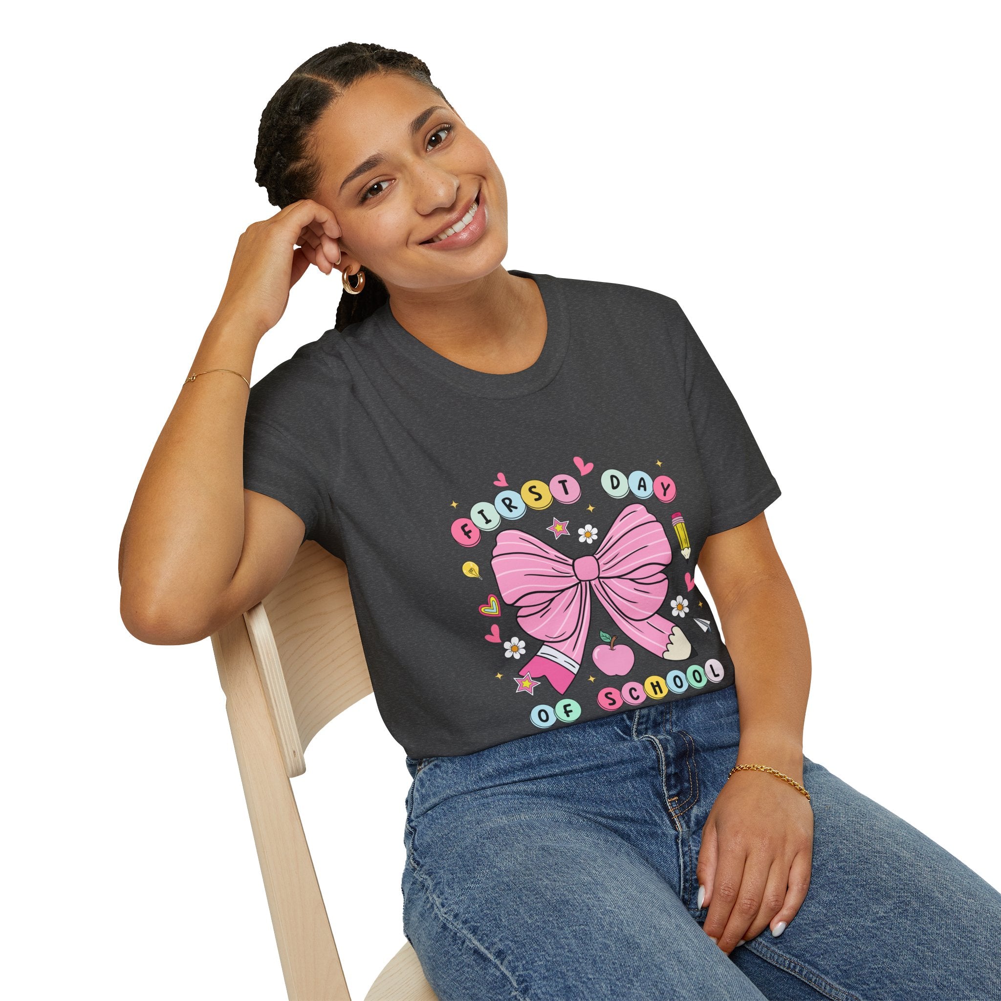 First Day of School Unisex T-Shirt - Cute Kids Tee, Back-to-School Shirt, Gift for Students, Colorful Bow Design, Fun School Apparel