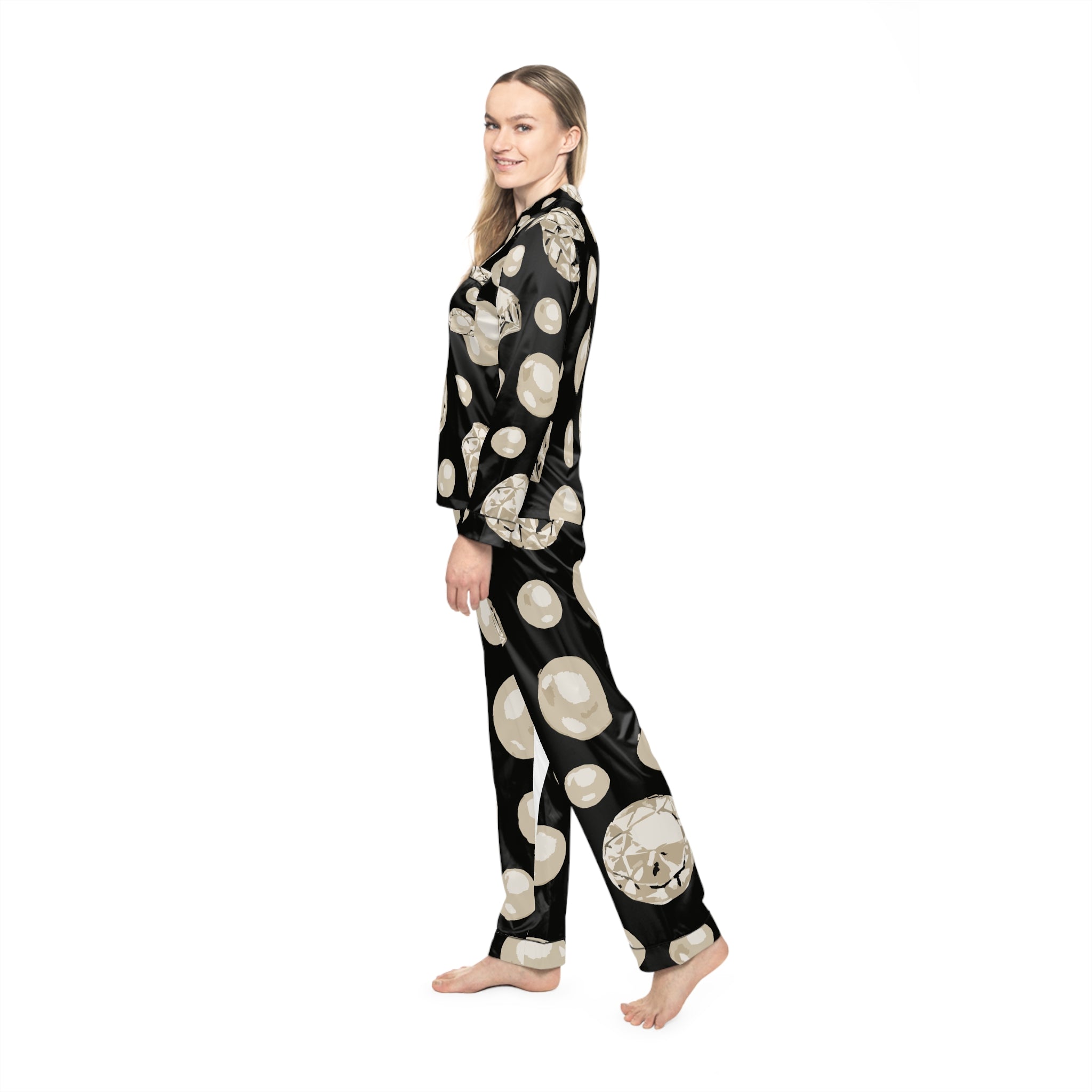 Luxurious Diamond Print Satin Pajamas, Women's Sleepwear, Elegant Loungewear, Cozy Gift for Her, Stylish Pajama Set