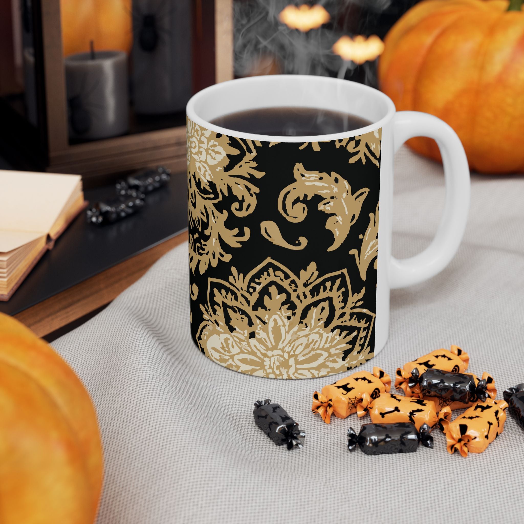 Elegant Black & Gold Floral Ceramic Mug - Perfect for Coffee, Tea, Gift, Home, Office Use, 11oz, 15oz