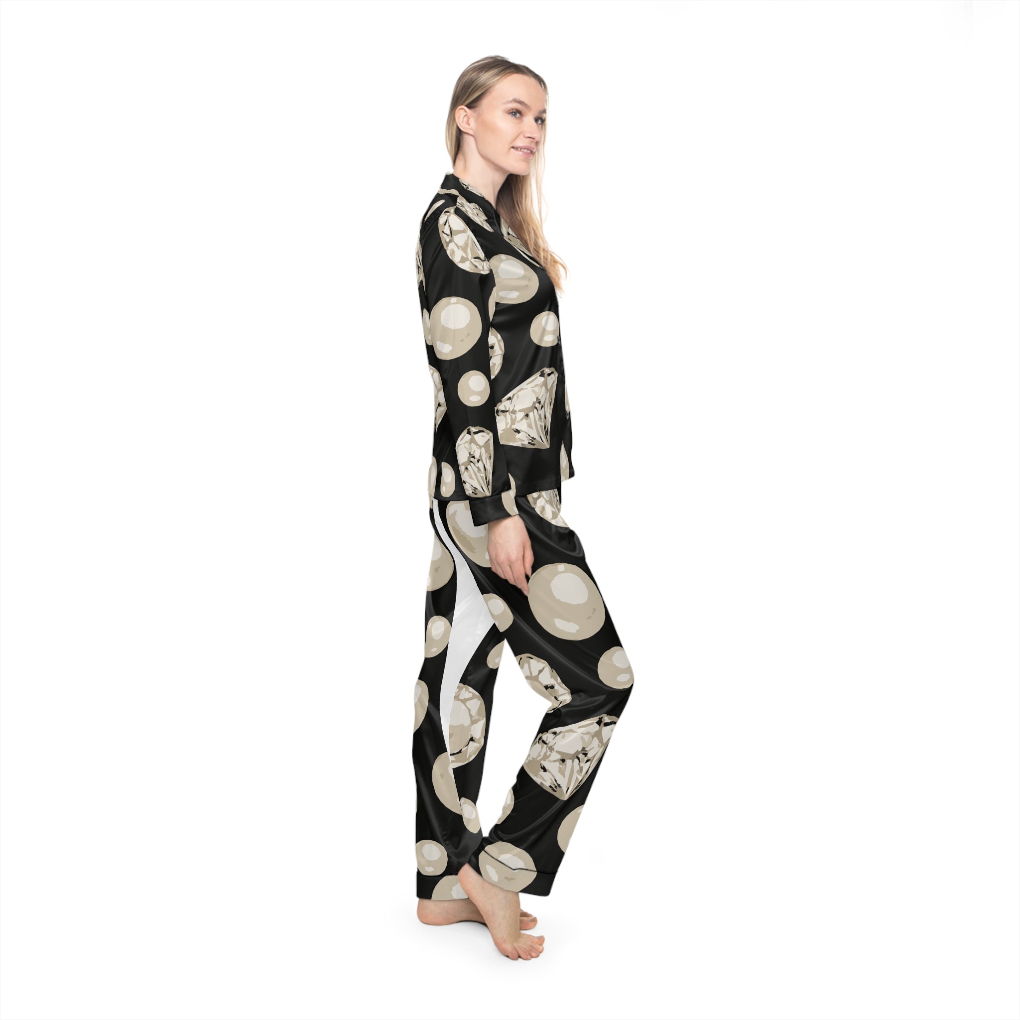 Luxurious Diamond Print Satin Pajamas, Women's Sleepwear, Elegant Loungewear, Cozy Gift for Her, Stylish Pajama Set