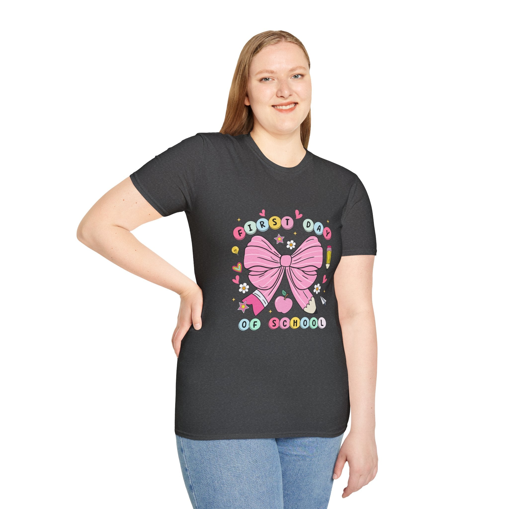 First Day of School Unisex T-Shirt - Cute Kids Tee, Back-to-School Shirt, Gift for Students, Colorful Bow Design, Fun School Apparel