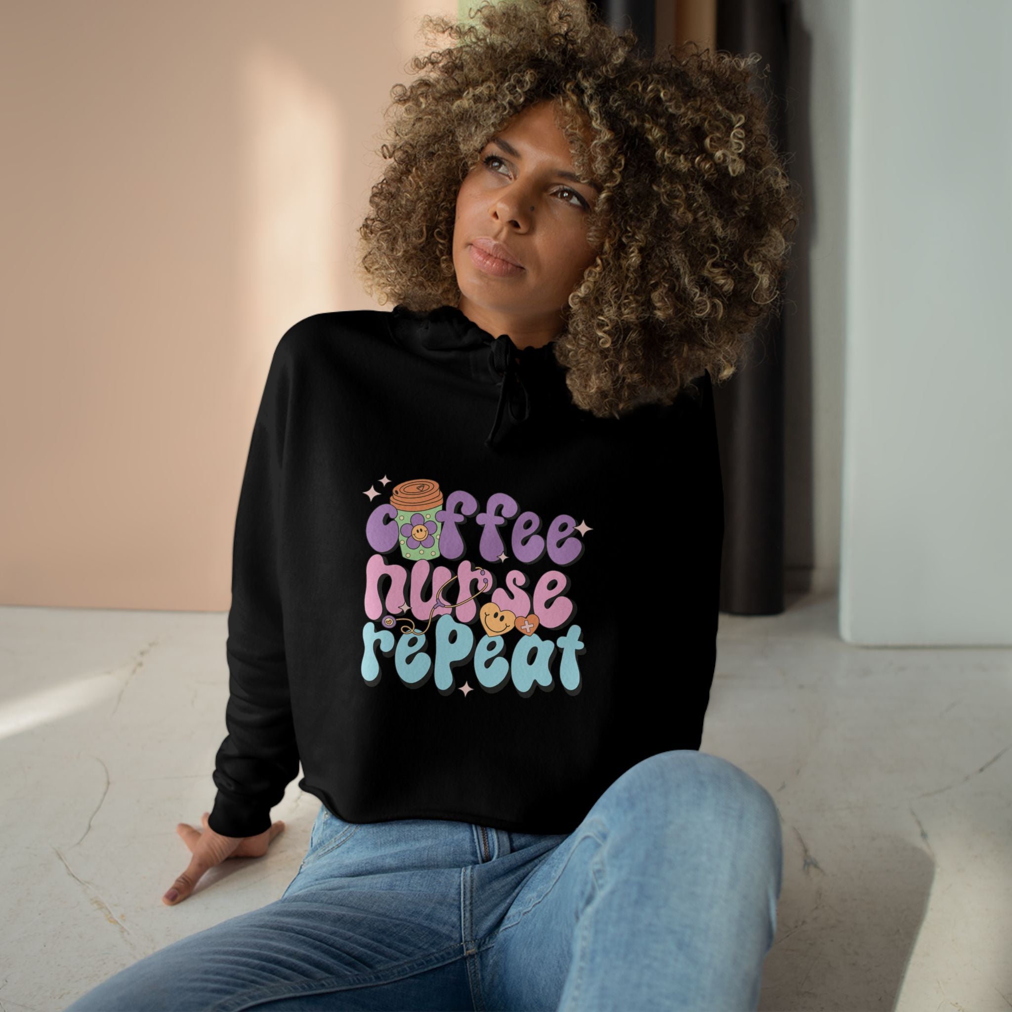 Coffee Nurse Repeat Crop Hoodie - Cozy Gift for Nurses, Trendy Sweatshirt, Cute Coffee Lover Apparel, Fun Casual Wear, Unique Nursing [...]