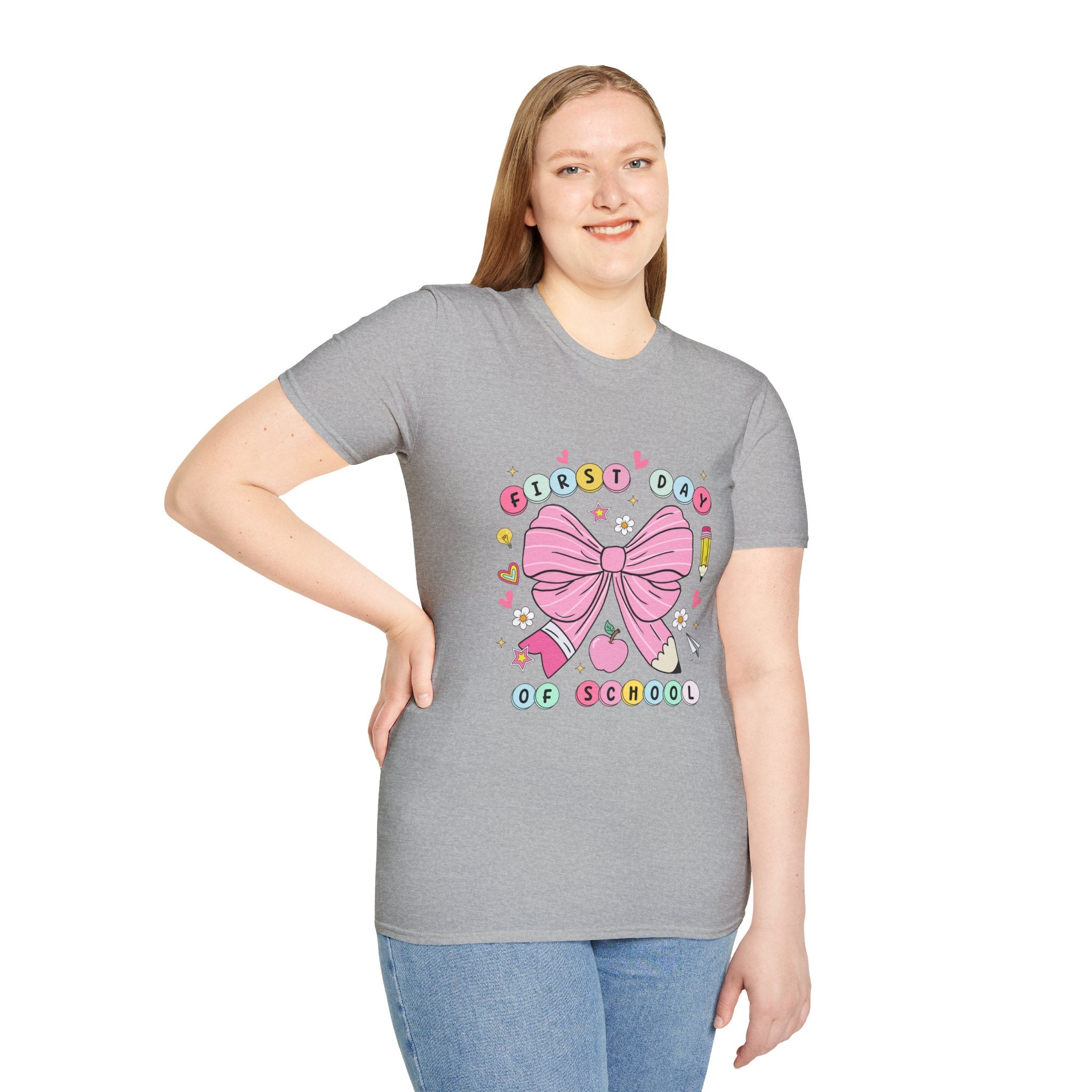 First Day of School Unisex T-Shirt - Cute Kids Tee, Back-to-School Shirt, Gift for Students, Colorful Bow Design, Fun School Apparel