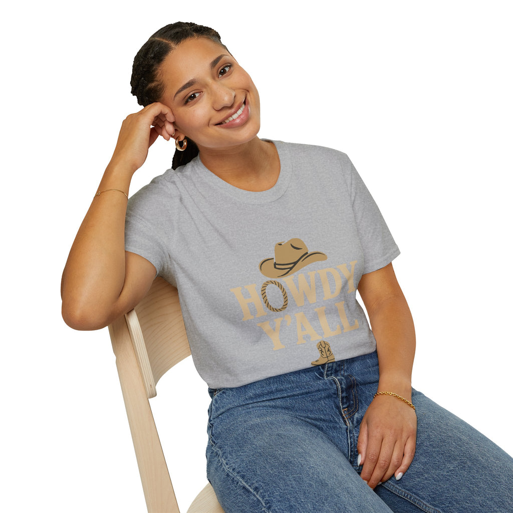 Howdy Y'all Western T-Shirt, Cowboy Tee, Country Music Shirt, Gift for Cowpoke, Unisex Softstyle Shirt
