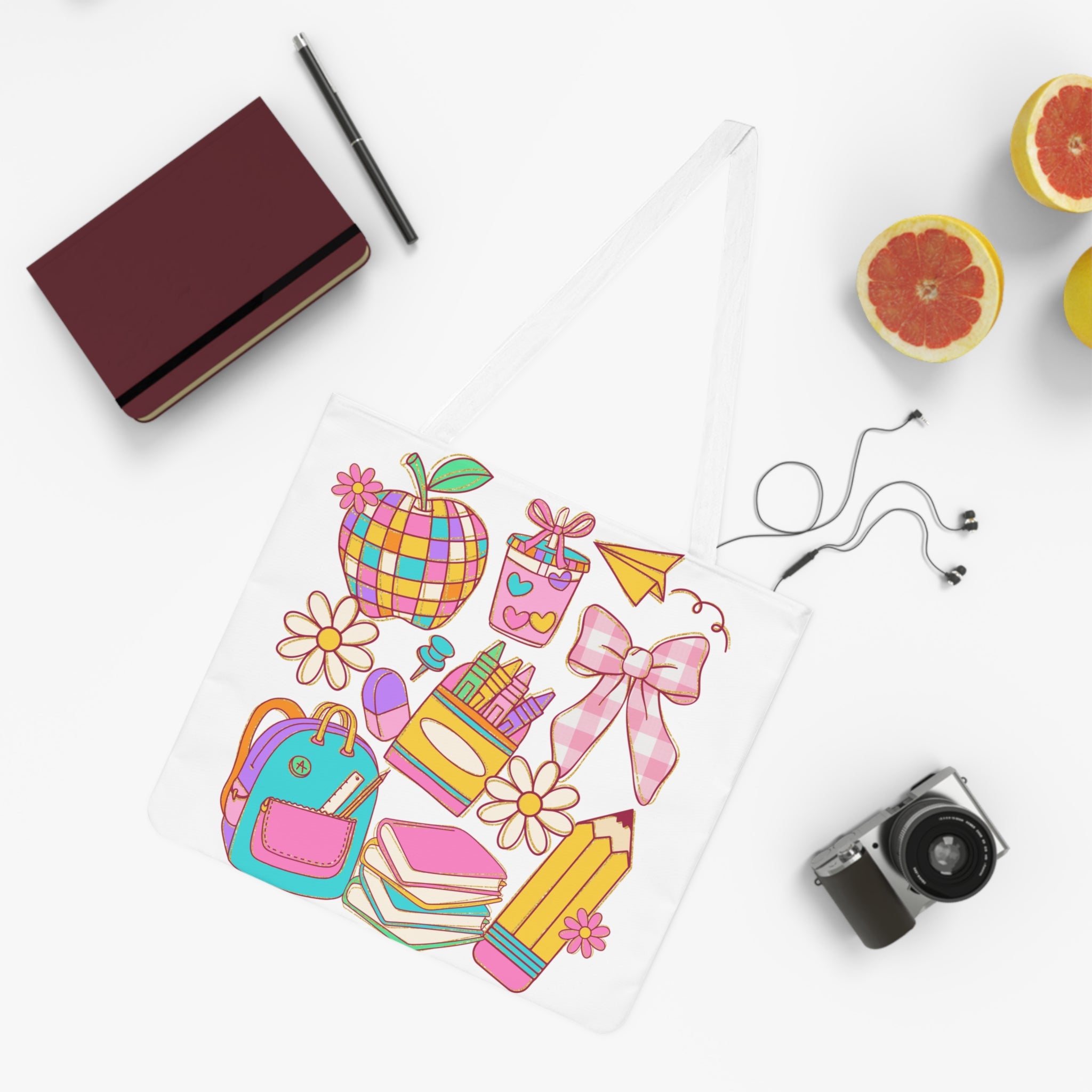 Colorful School Supplies Shoulder Tote Bag | Back to School, Shopping, Gym, Eco-Friendly, Beach Tote