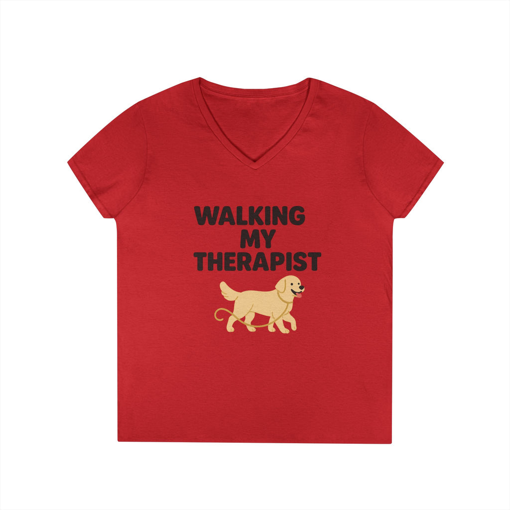 Dog Walking Therapy Ladies' V-Neck T-Shirt, Women's Graphic Tee, Pet Lover Gift, Animal Print Top, Casual Apparel