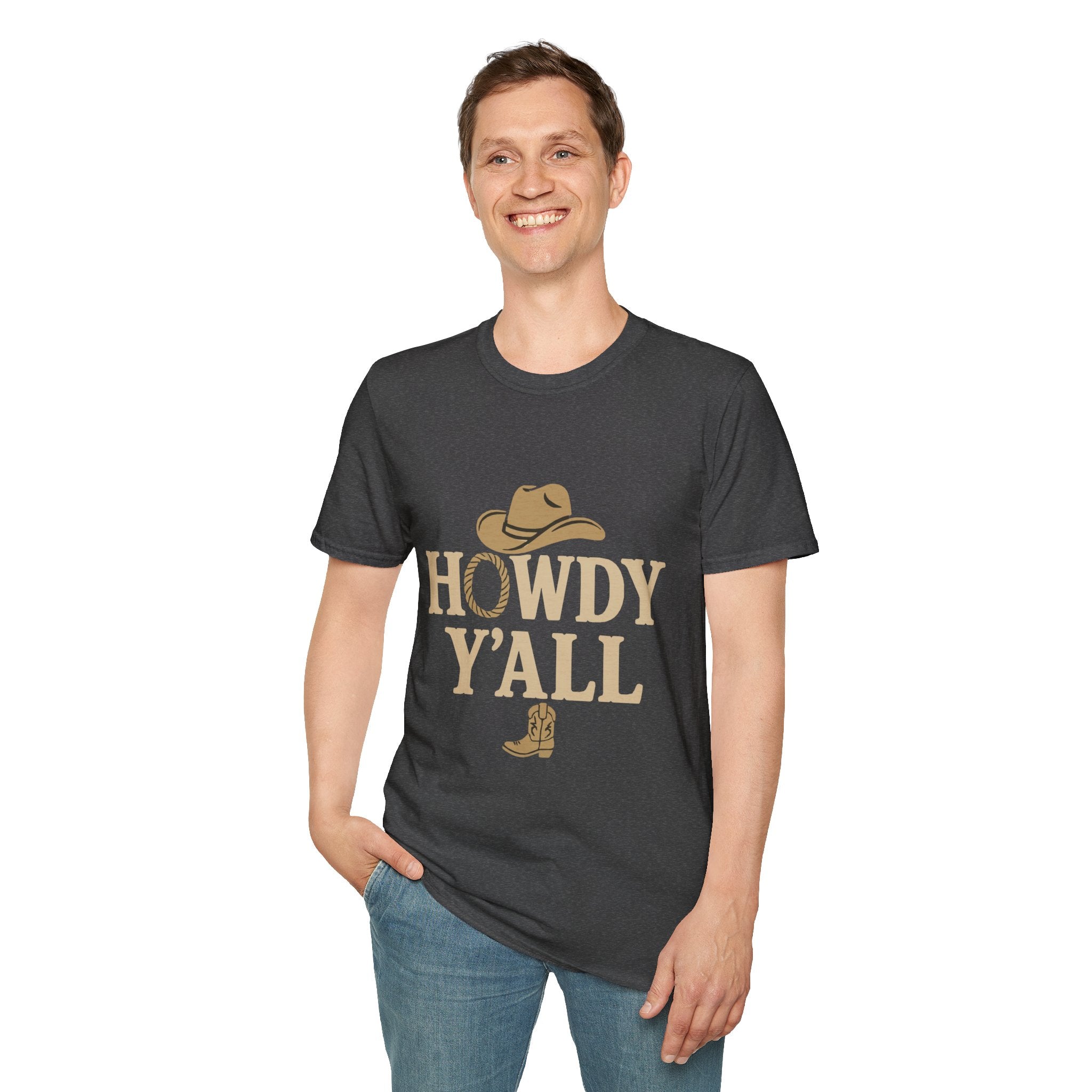 Howdy Y'all Western T-Shirt, Cowboy Tee, Country Music Shirt, Gift for Cowpoke, Unisex Softstyle Shirt