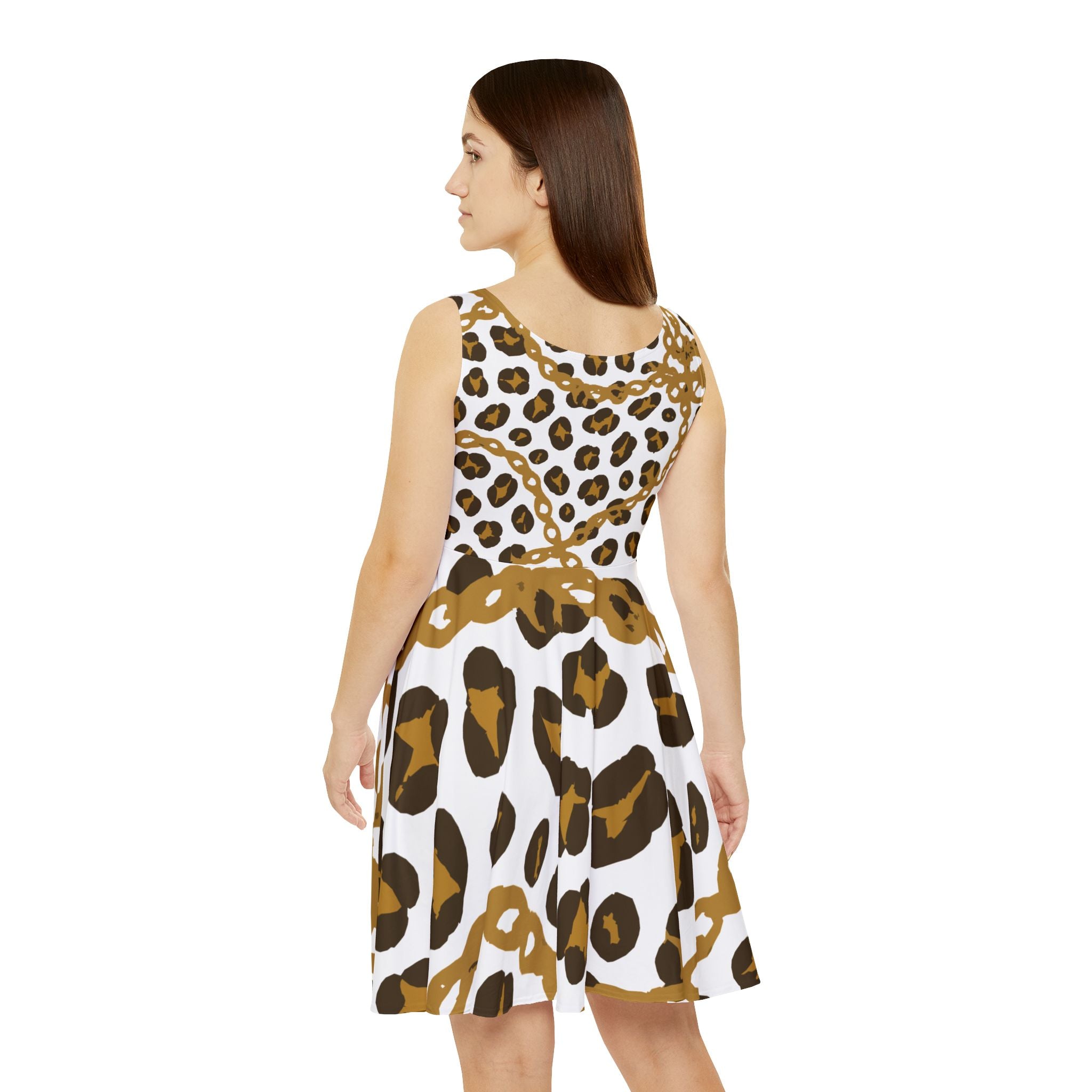 Leopard Print Skater Dress, Animal Print Gold Chain Women's Dress, Stylish Party Outfit, Trendy Sundress, Summer Fashion Dress