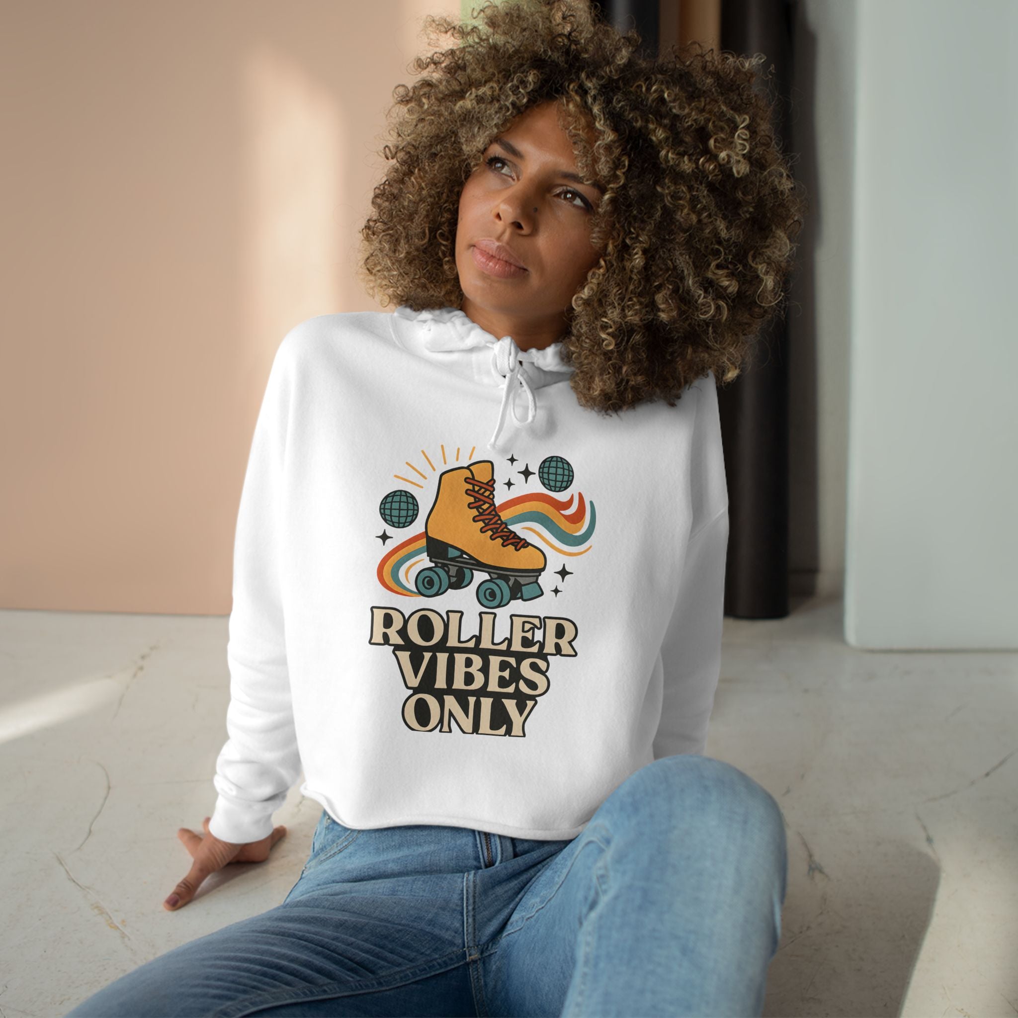 Roller Vibes Crop Hoodie, Retro Skatewear, Gifts for Skaters, Cozy Casual Top, Roller Rink Fashion, 80s Vibe Apparel