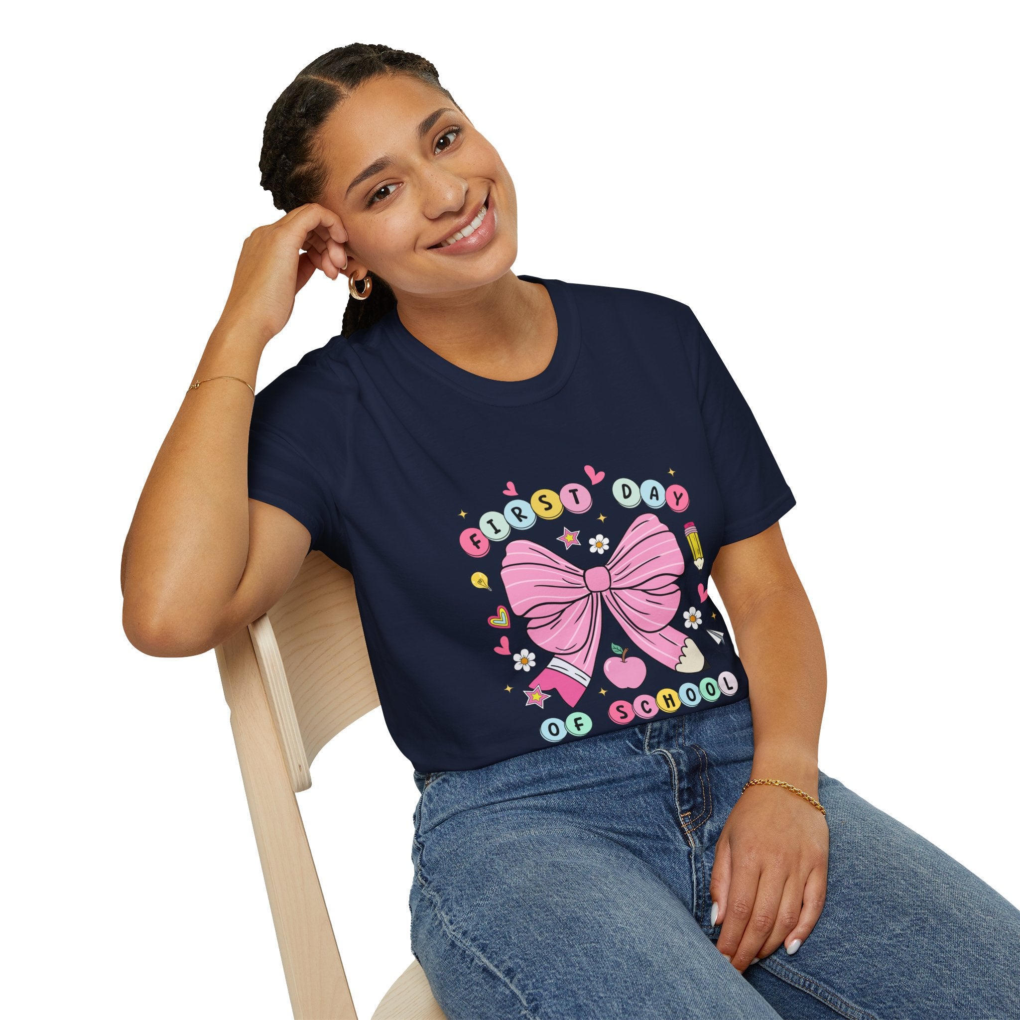 First Day of School Unisex T-Shirt - Cute Kids Tee, Back-to-School Shirt, Gift for Students, Colorful Bow Design, Fun School Apparel