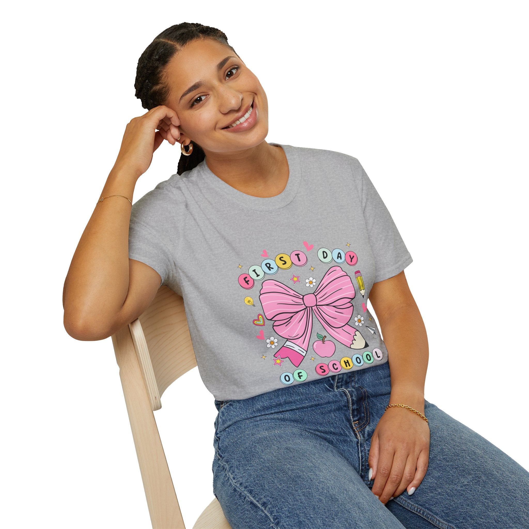 First Day of School Unisex T-Shirt - Cute Kids Tee, Back-to-School Shirt, Gift for Students, Colorful Bow Design, Fun School Apparel