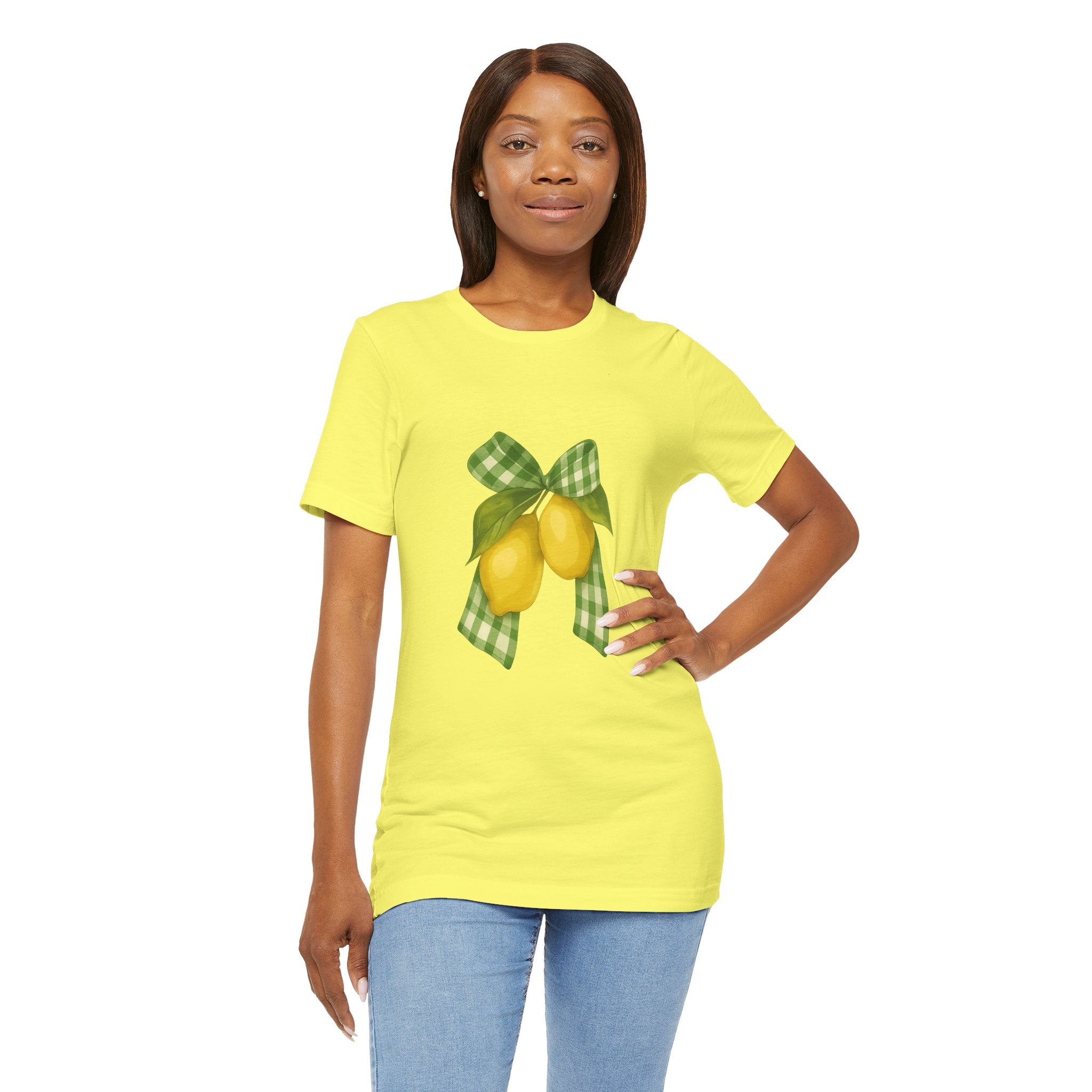 Lemon Bow Tee, Unisex Short Sleeve Shirt, Cute Summer Shirt, Gift for Her, Vintage Style Tee, Lemonade Stand Inspiration