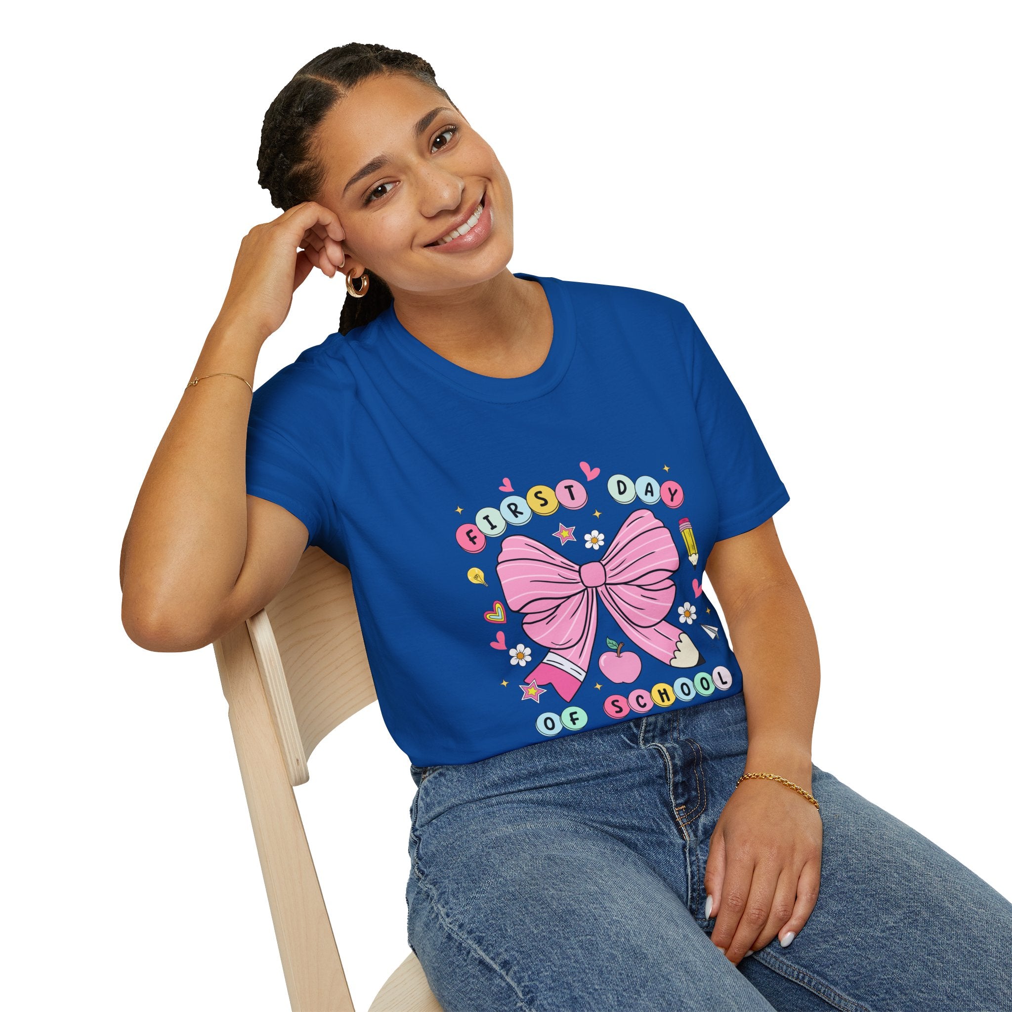 First Day of School Unisex T-Shirt - Cute Kids Tee, Back-to-School Shirt, Gift for Students, Colorful Bow Design, Fun School Apparel