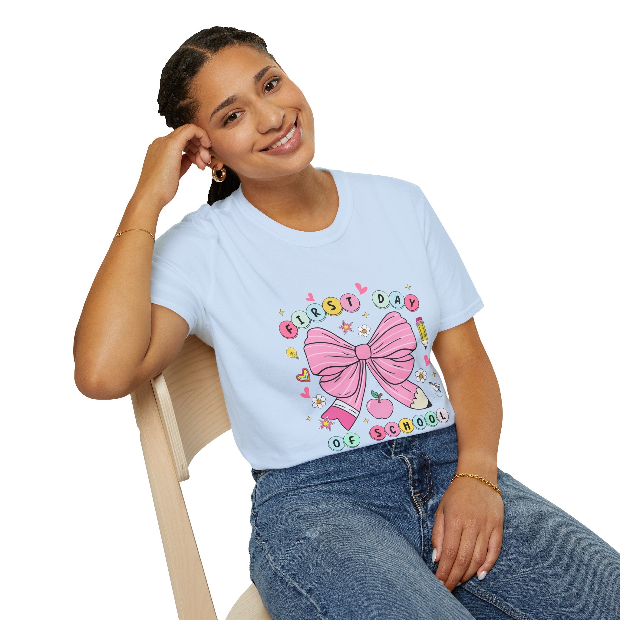 First Day of School Unisex T-Shirt - Cute Kids Tee, Back-to-School Shirt, Gift for Students, Colorful Bow Design, Fun School Apparel